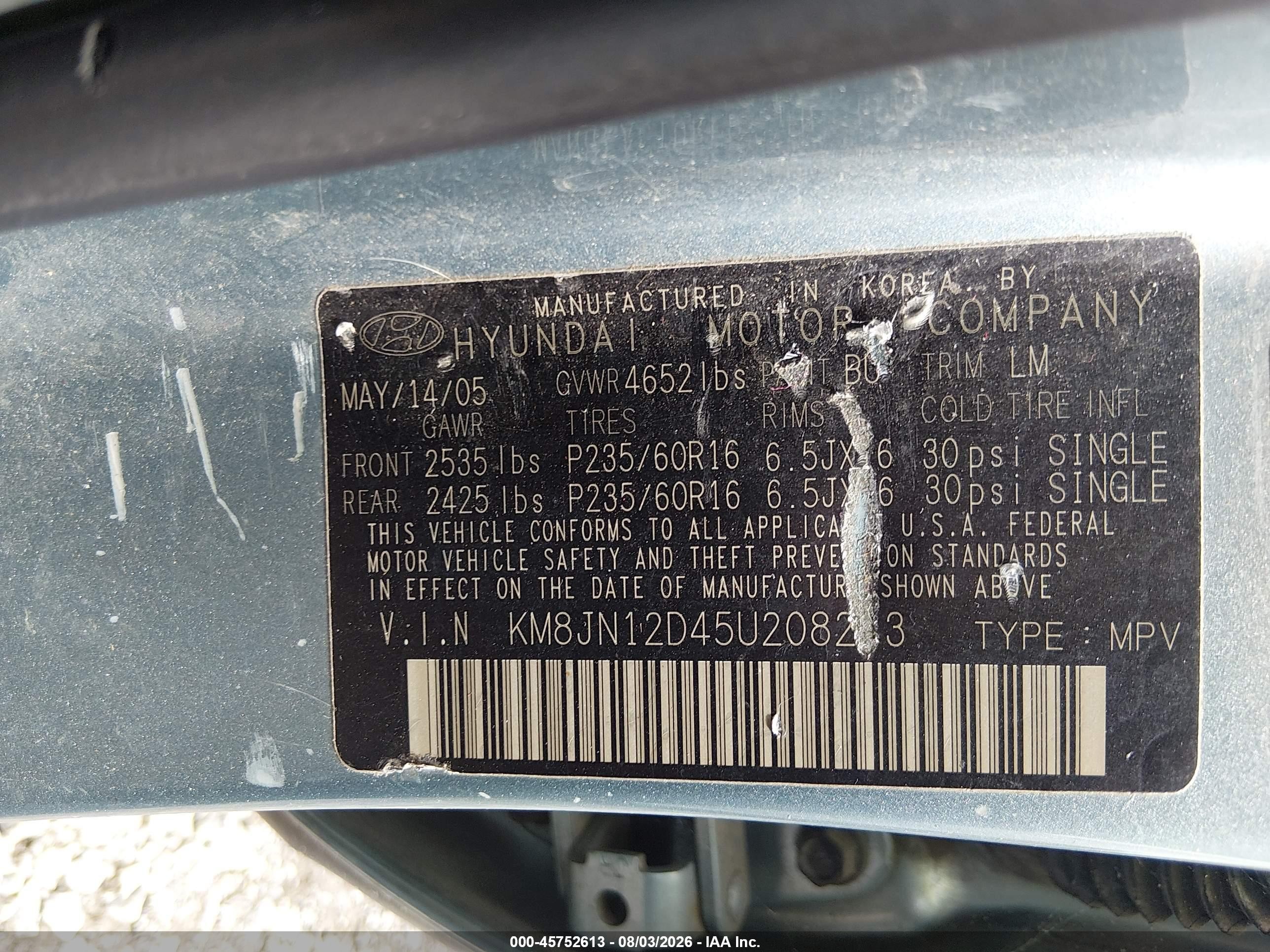 2005 Hyundai Tucson Gls/lx Light Blue vin: KM8JN12D45U208213