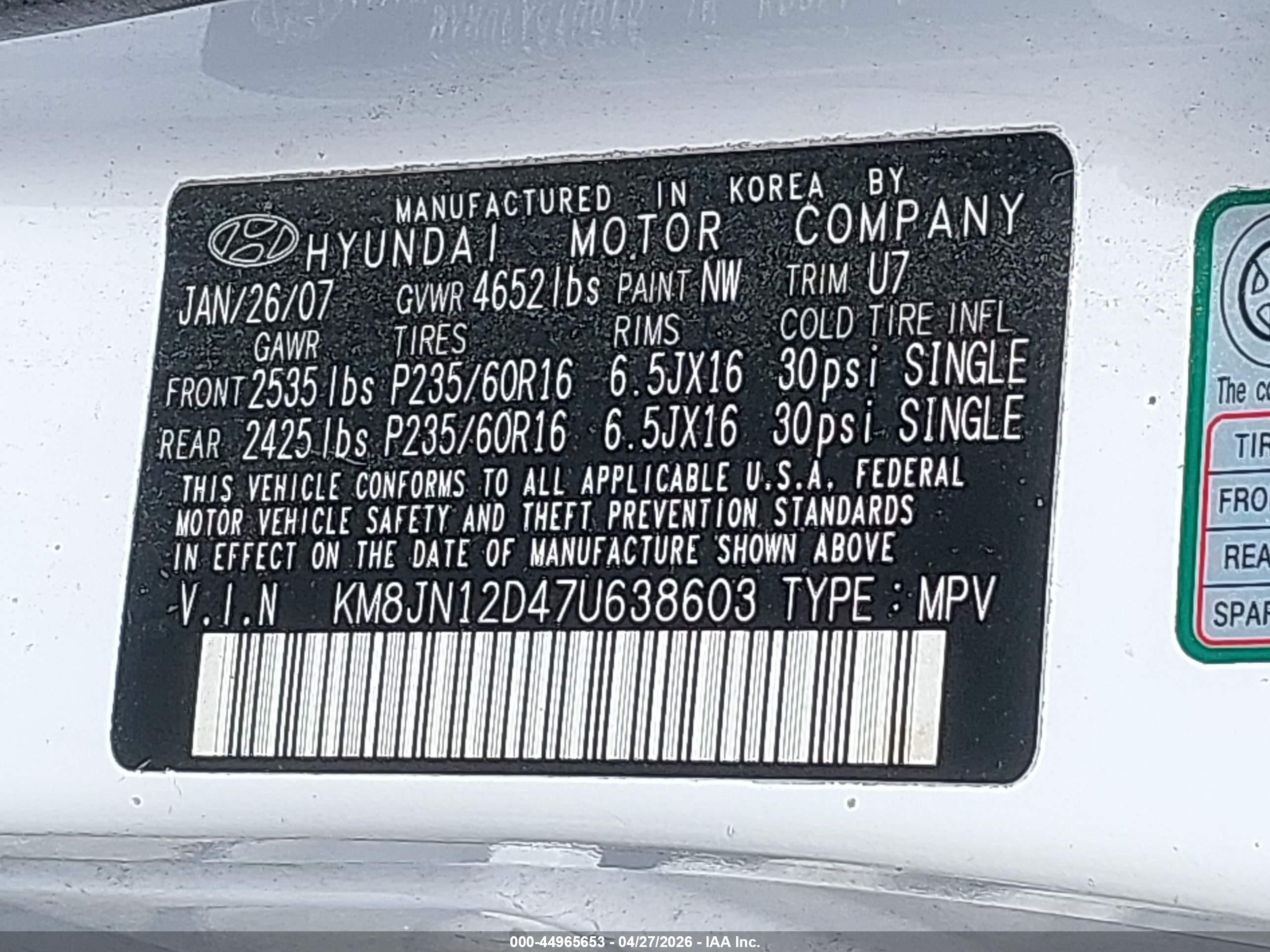 2007 Hyundai Tucson Limited/se White vin: KM8JN12D47U638603