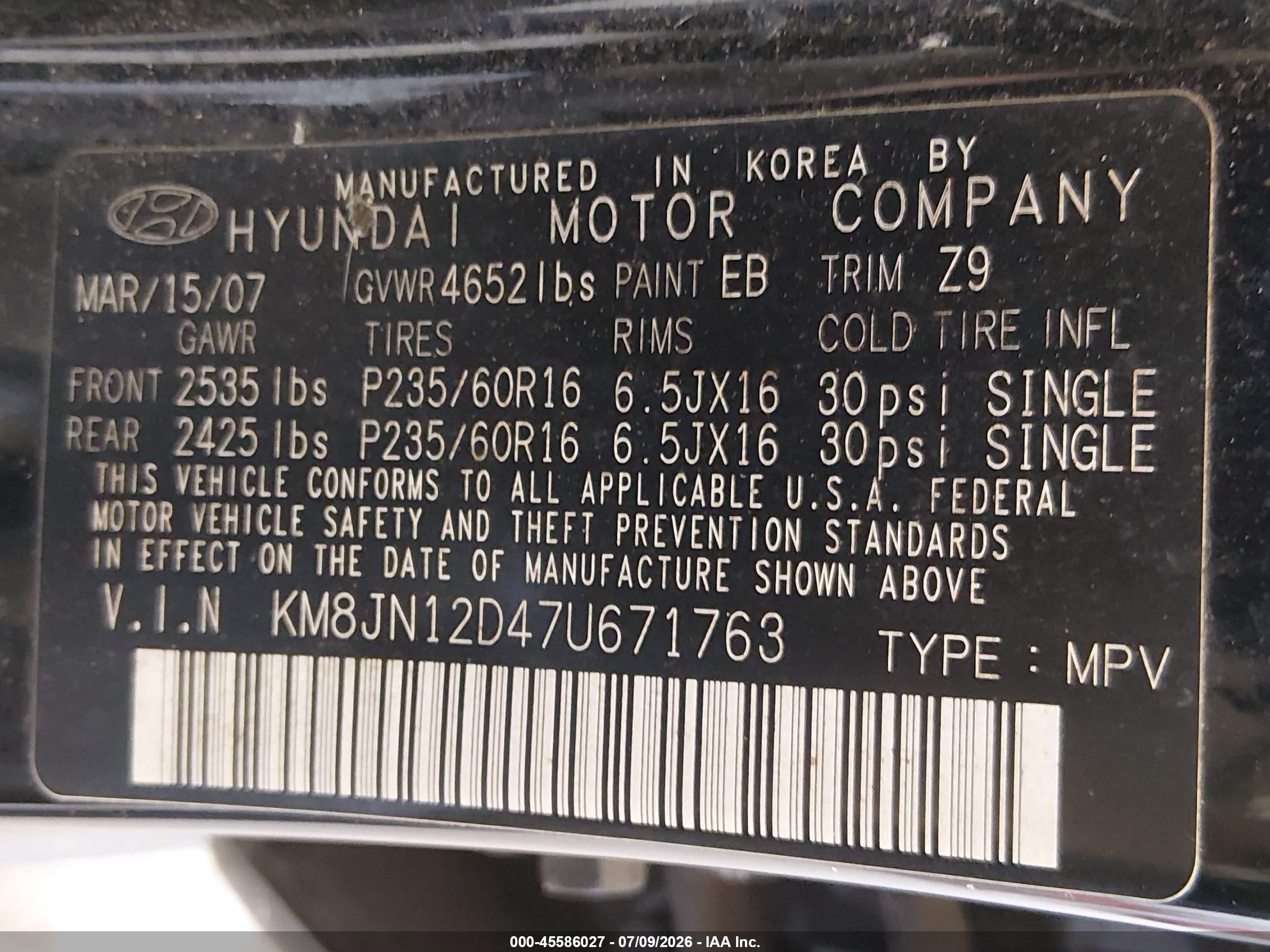 2007 Hyundai Tucson Limited/se Черный vin: KM8JN12D47U671763