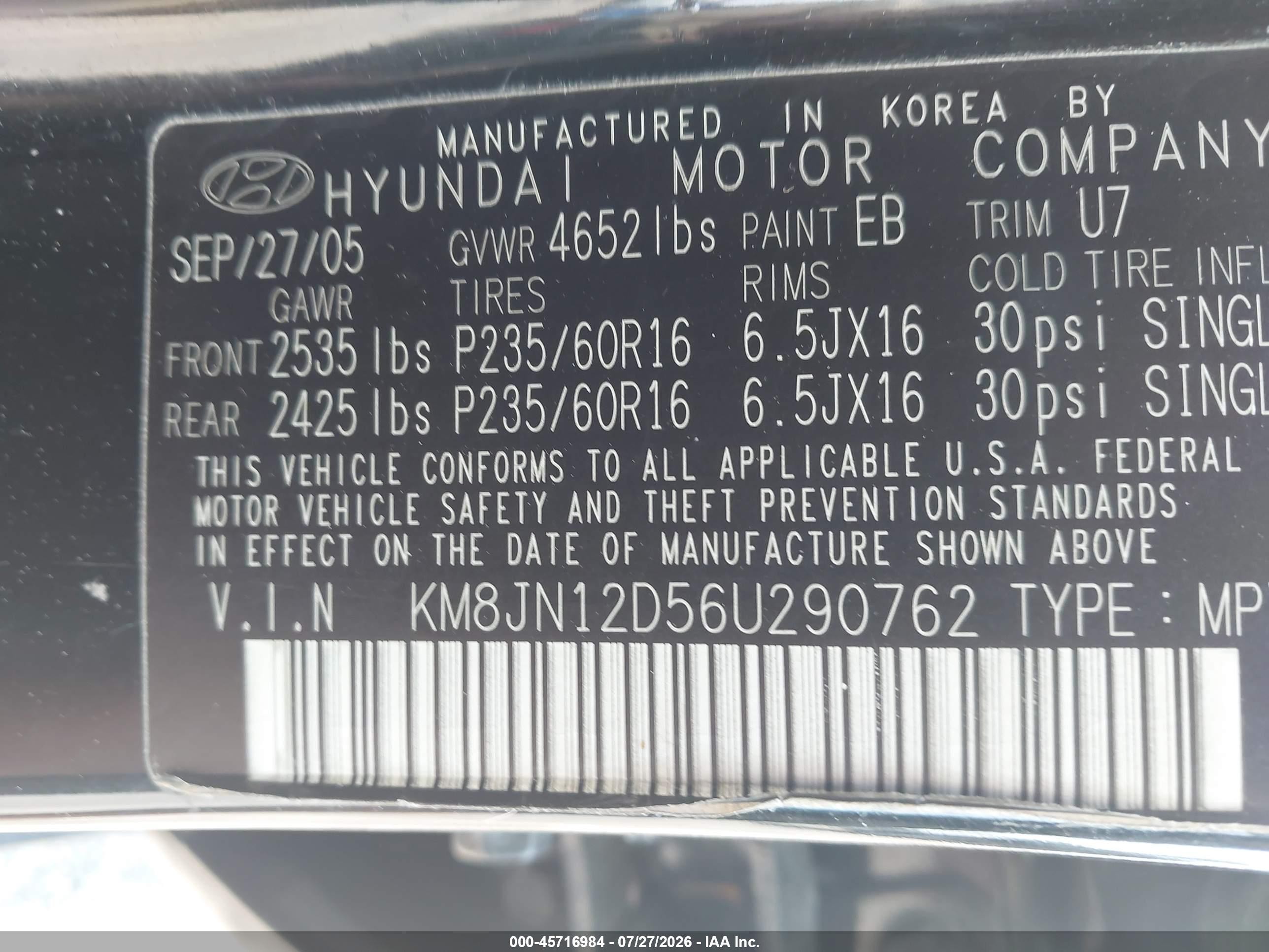 2006 Hyundai Tucson Gls/limited Black vin: KM8JN12D56U290762