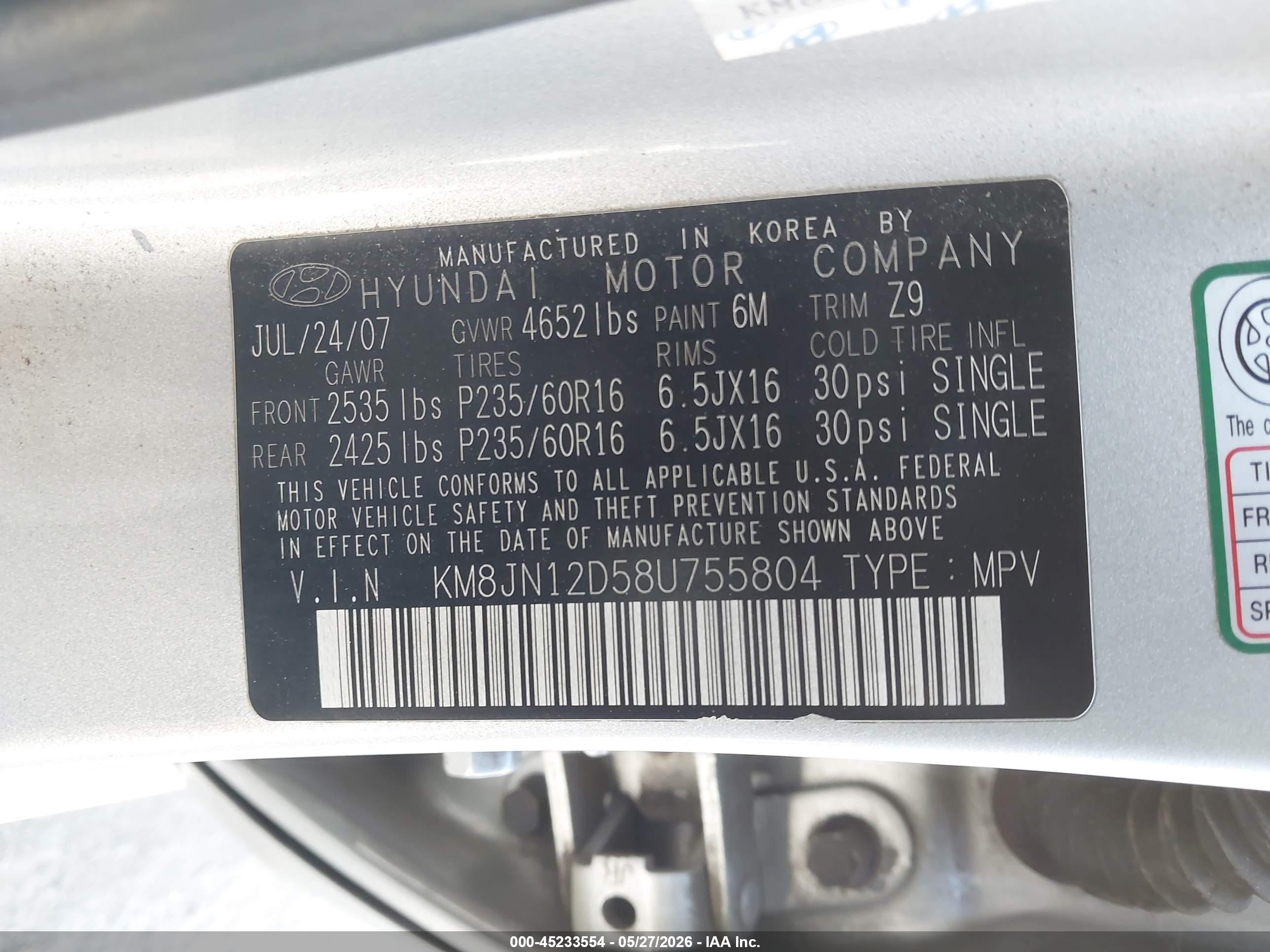 2008 Hyundai Tucson Silver vin: KM8JN12D58U755804