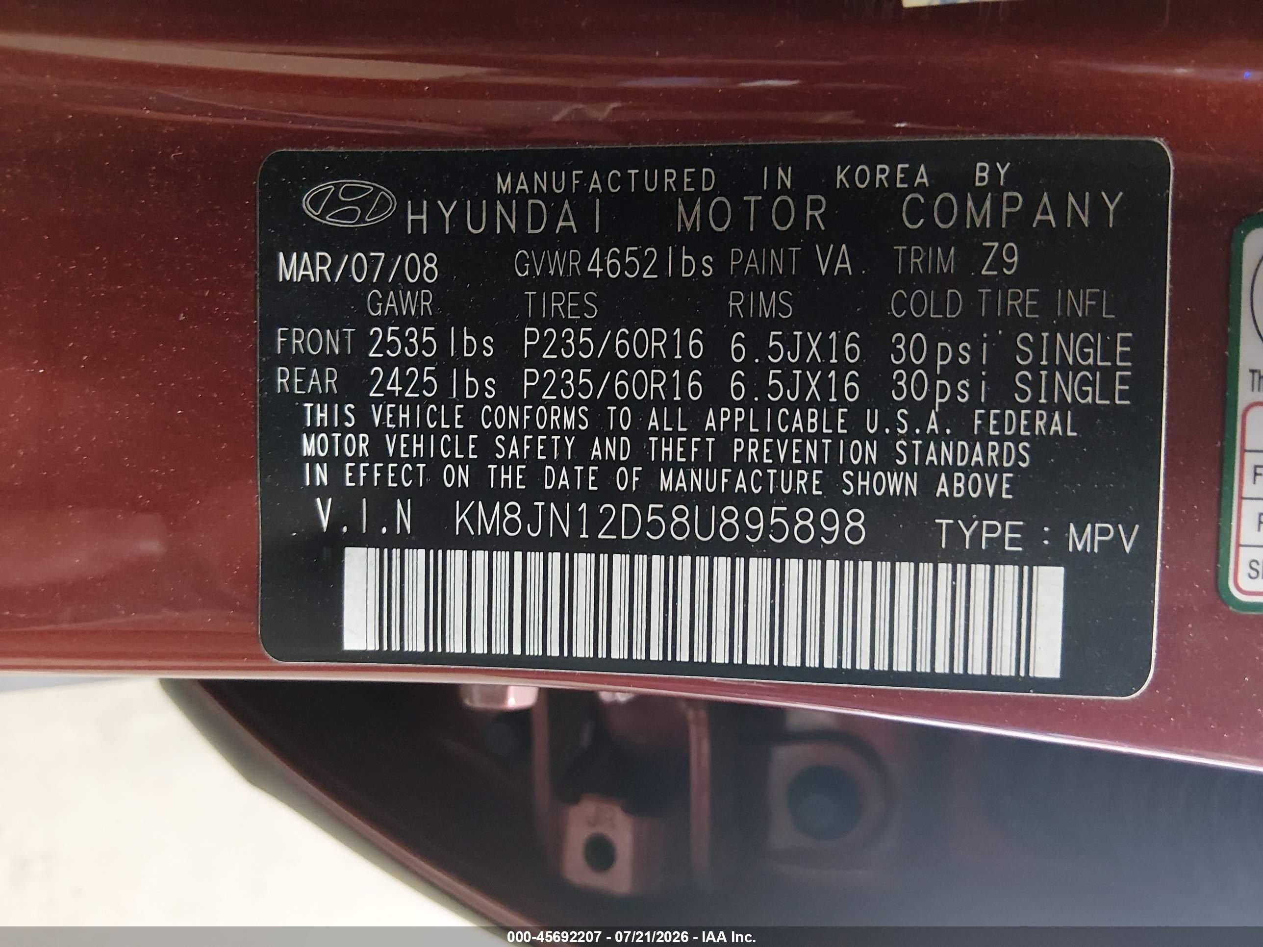 2008 Hyundai Tucson Limited V6/se Red vin: KM8JN12D58U895898