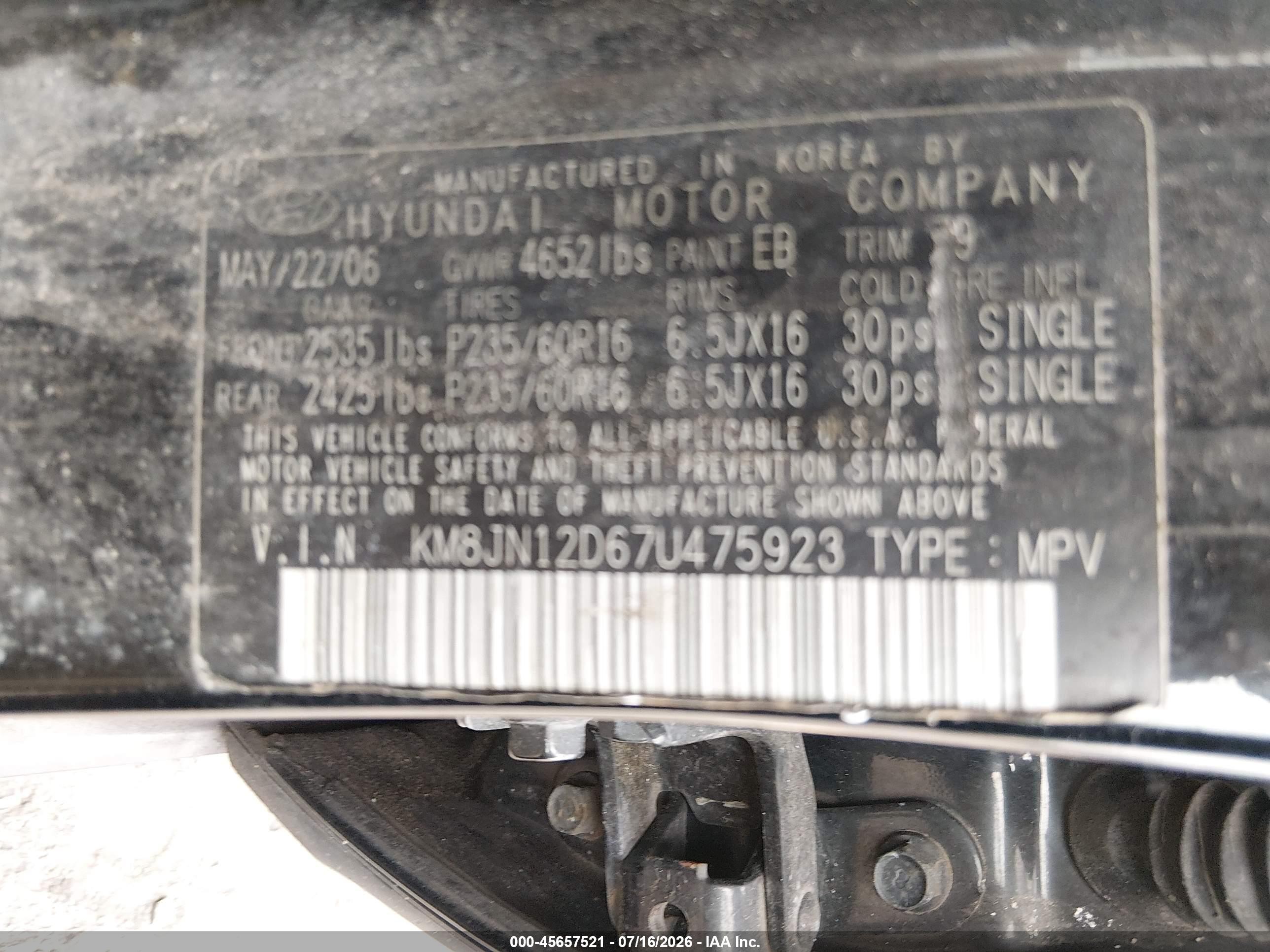 2007 Hyundai Tucson Limited/se Black vin: KM8JN12D67U475923