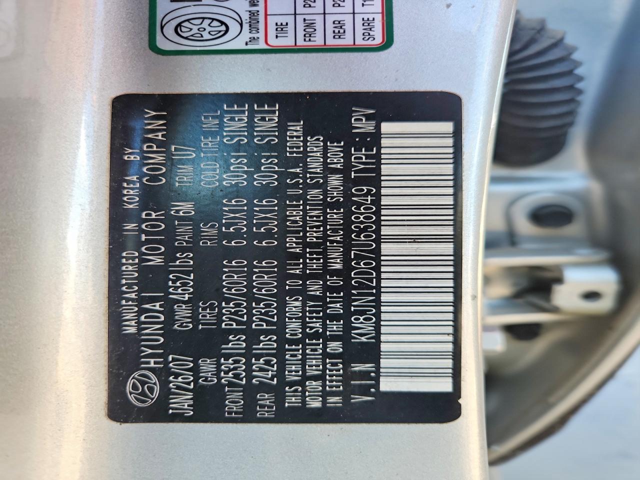 2007 Hyundai Tucson Se Silver vin: KM8JN12D67U638649