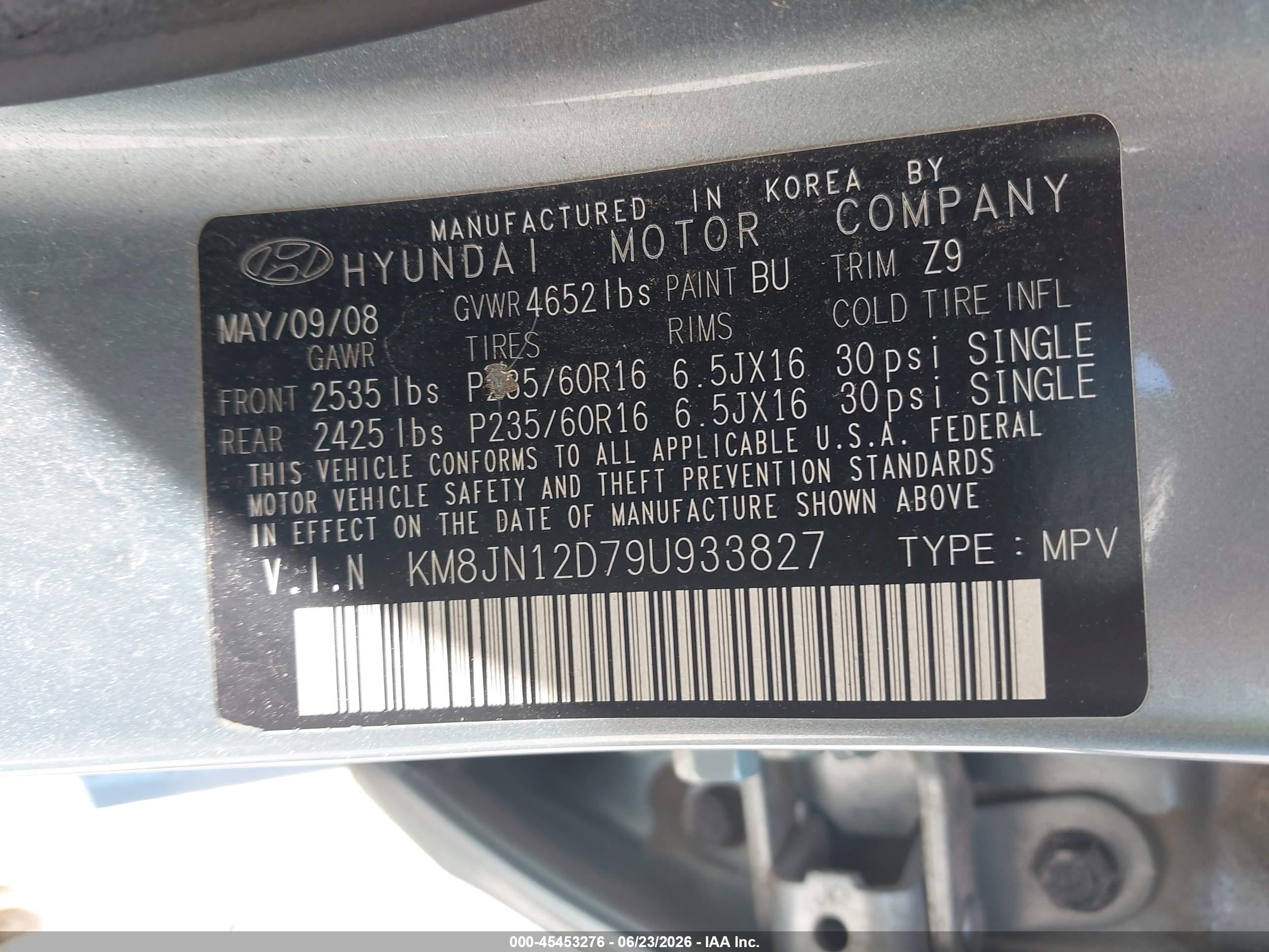 2009 Hyundai Tucson Limited V6 Light Blue vin: KM8JN12D79U933827