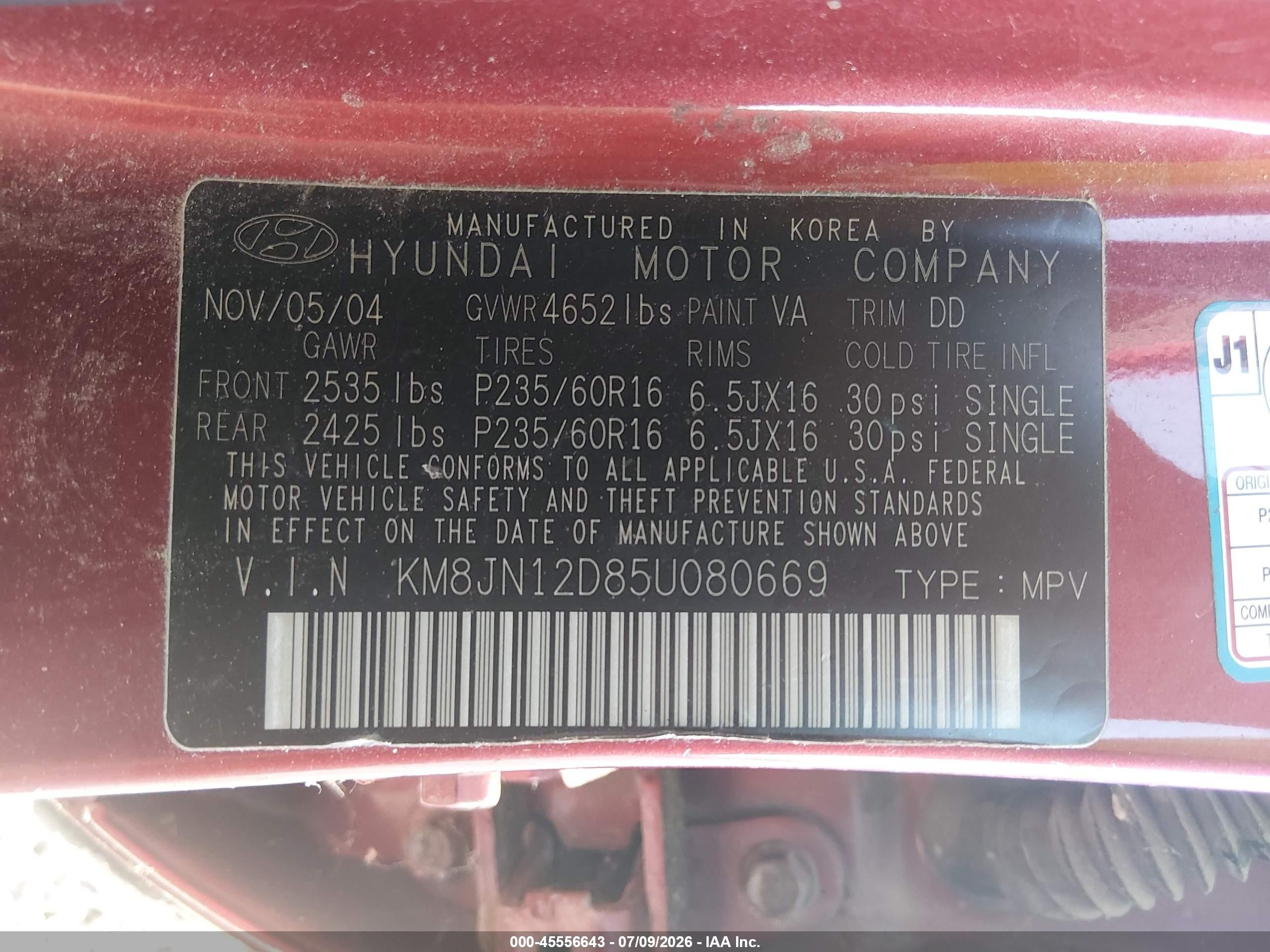 2005 Hyundai Tucson Gls/lx Burgundy vin: KM8JN12D85U080669