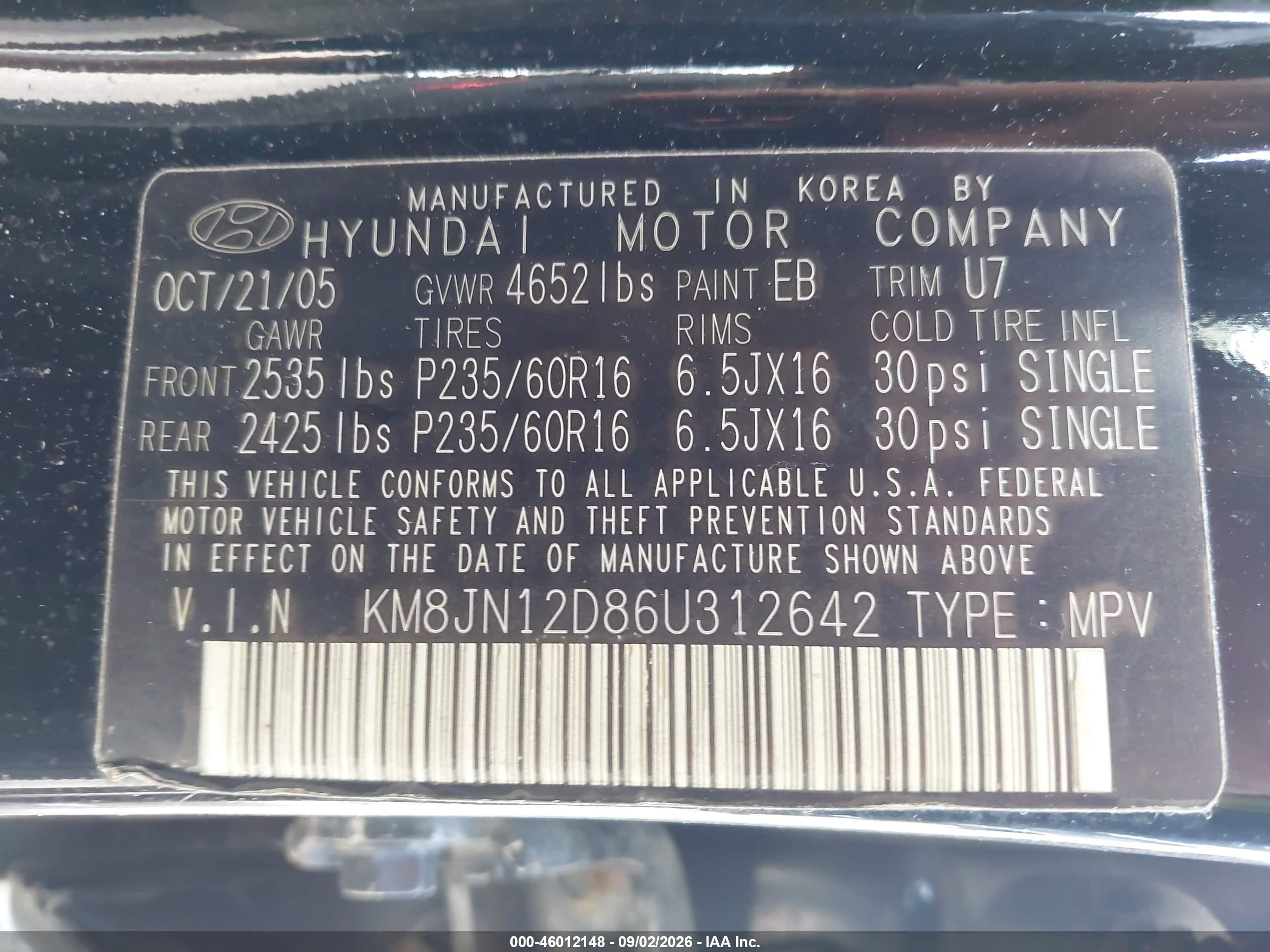 2006 Hyundai Tucson Gls/limited Black vin: KM8JN12D86U312642