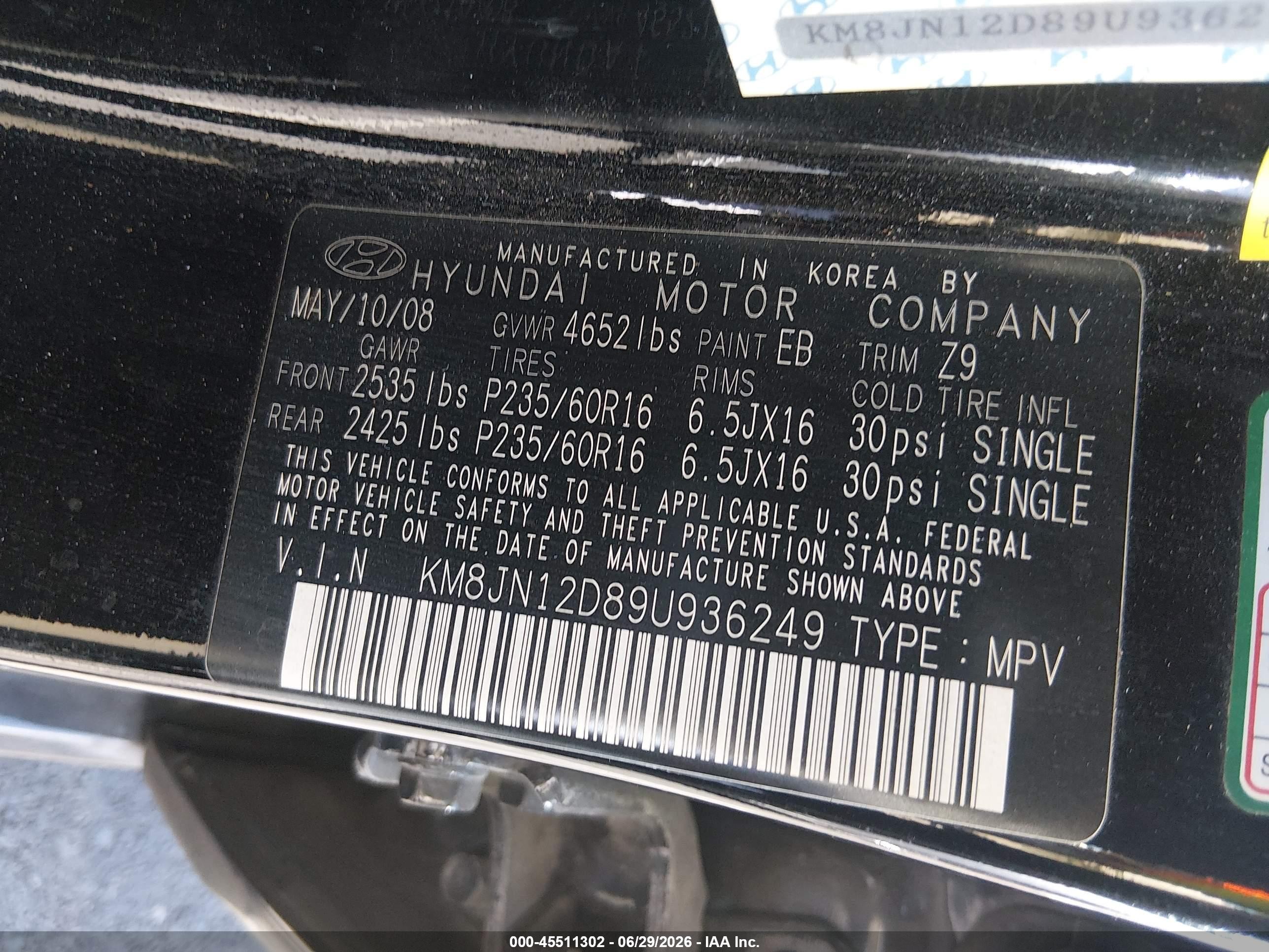 2009 Hyundai Tucson Limited V6 Black vin: KM8JN12D89U936249