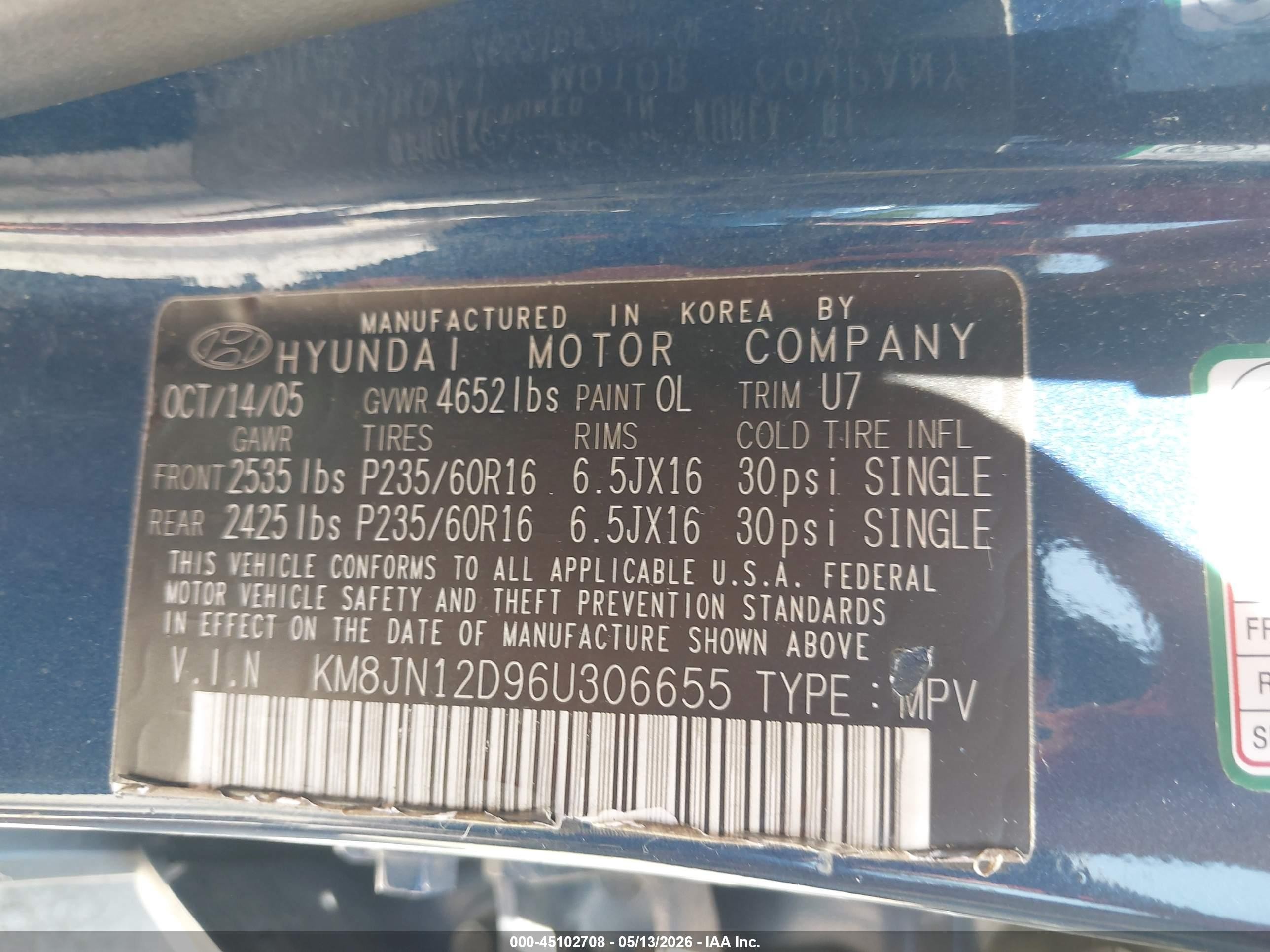 2006 Hyundai Tucson Gls/limited Blue vin: KM8JN12D96U306655