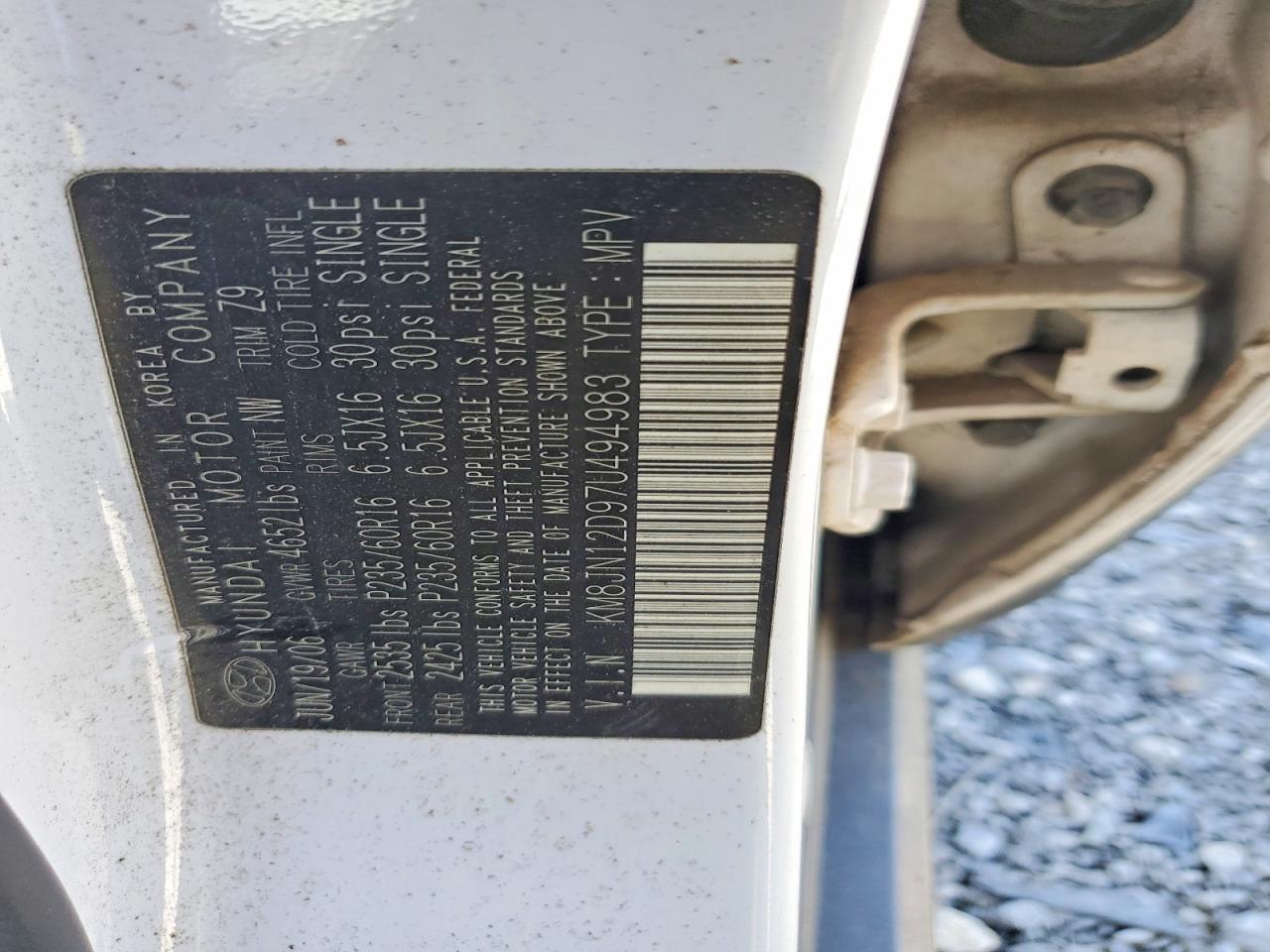 2007 Hyundai Tucson Se White vin: KM8JN12D97U494983