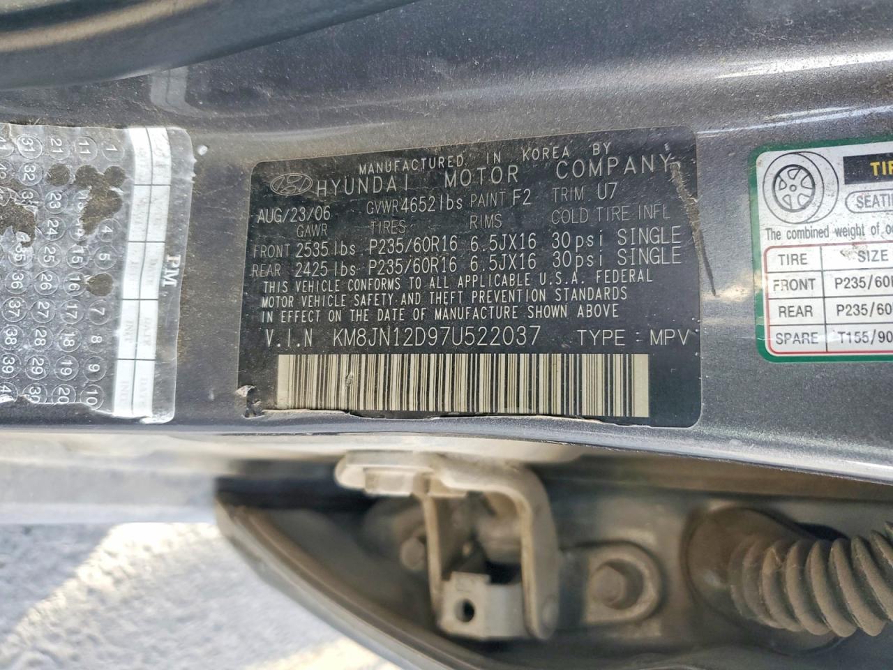 2007 Hyundai Tucson Se Gray vin: KM8JN12D97U522037