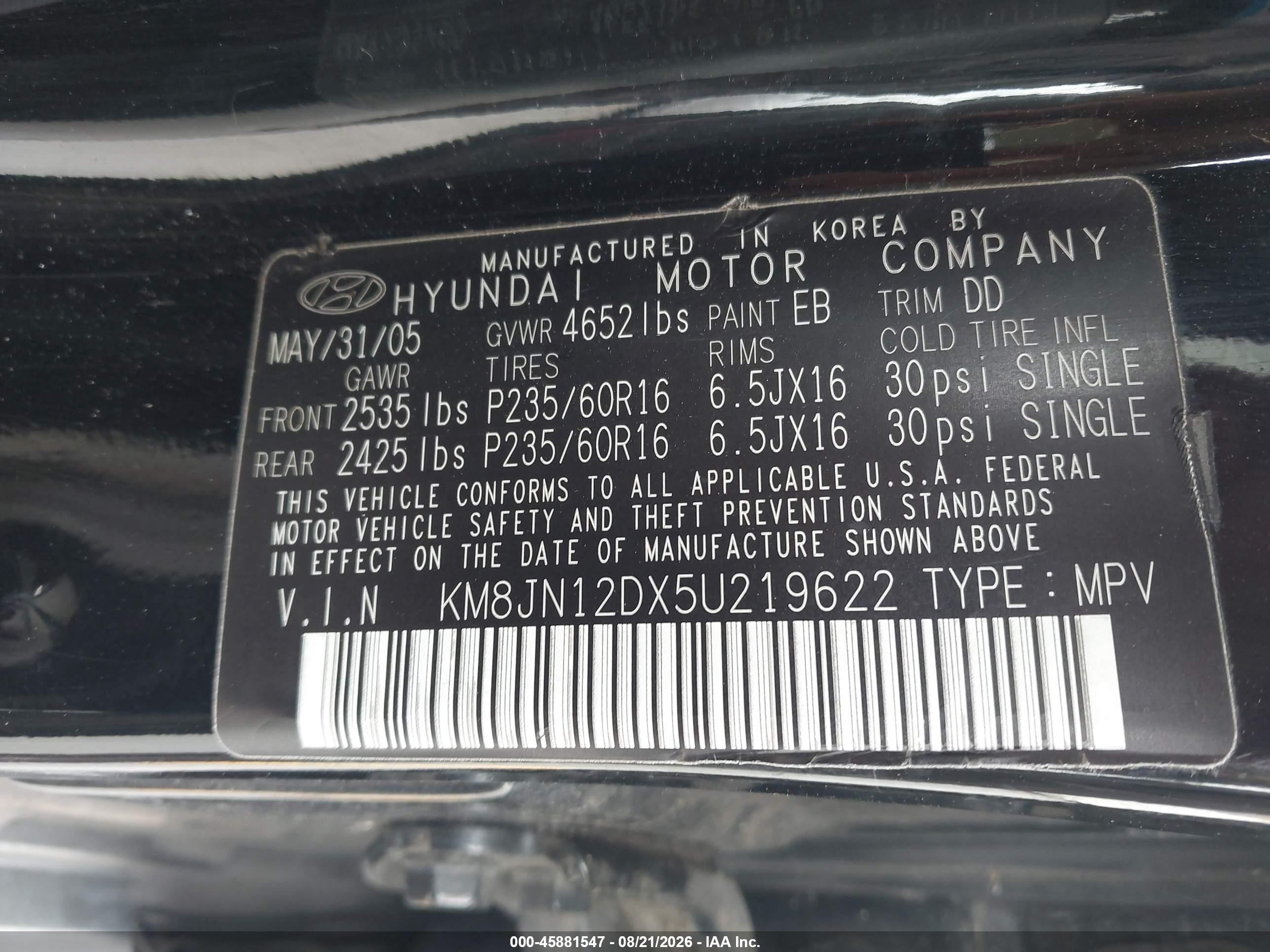 2005 Hyundai Tucson Gls/lx Blue vin: KM8JN12DX5U219622