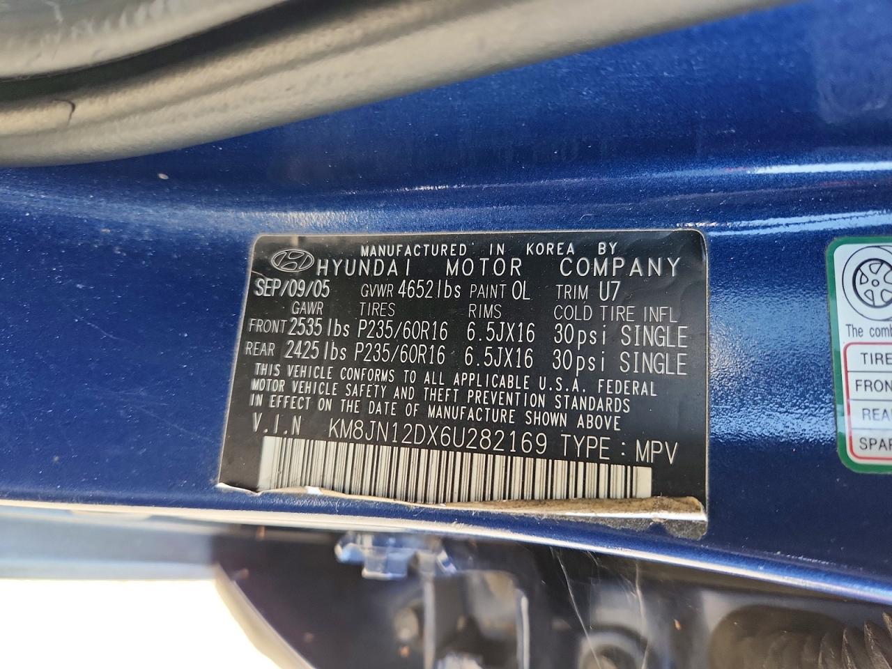 2006 Hyundai Tucson Gls Blue vin: KM8JN12DX6U282169