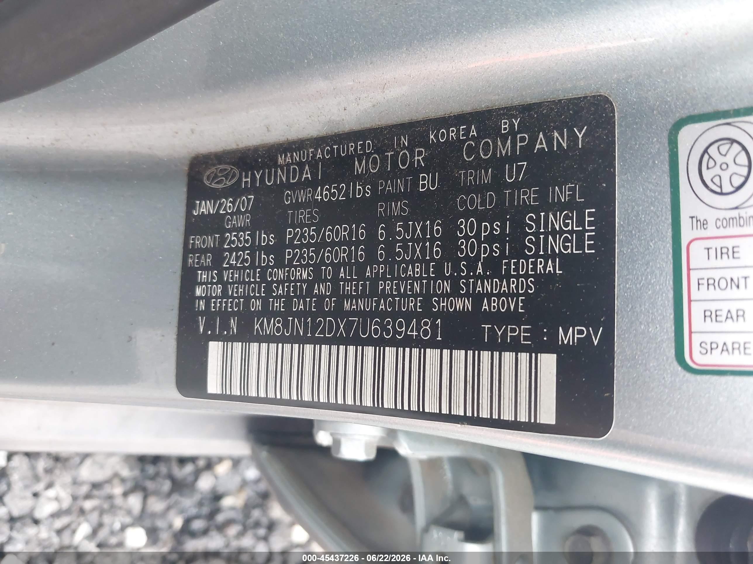 2007 Hyundai Tucson Limited/se Blue vin: KM8JN12DX7U639481