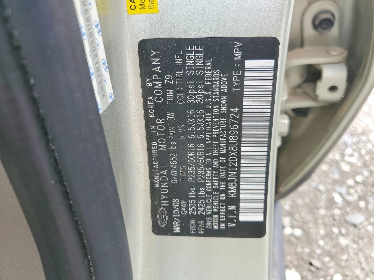 2008 Hyundai Tucson Se Gold vin: KM8JN12DX8U896724