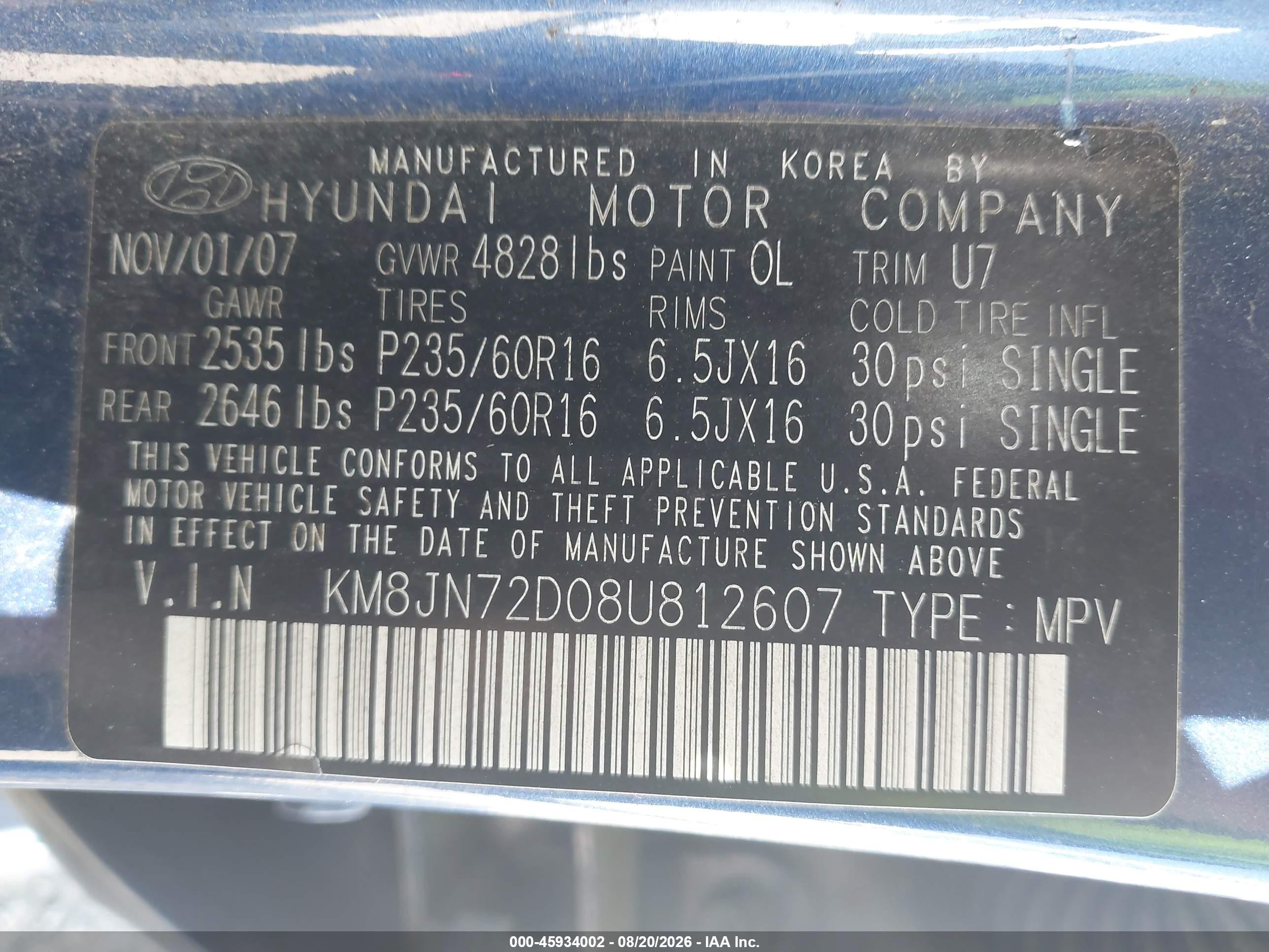 2008 Hyundai Tucson Limited V6/se Blue vin: KM8JN72D08U812607