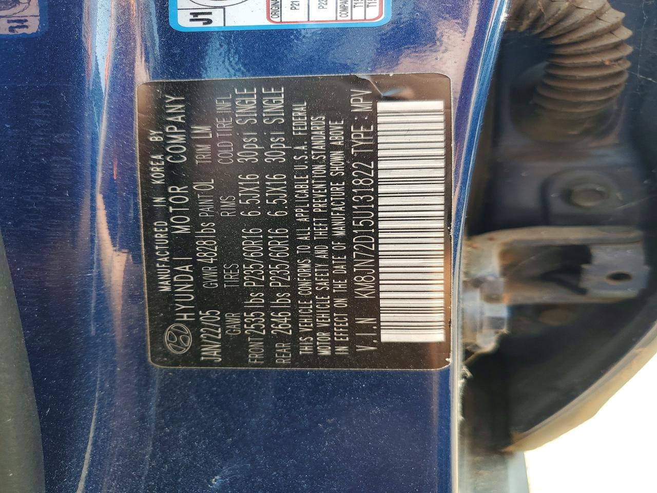 2005 Hyundai Tucson Gls Blue vin: KM8JN72D15U131822