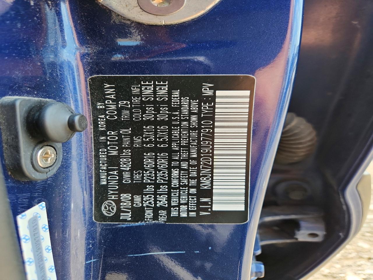 2009 Hyundai Tucson Se Blue vin: KM8JN72D19U977910