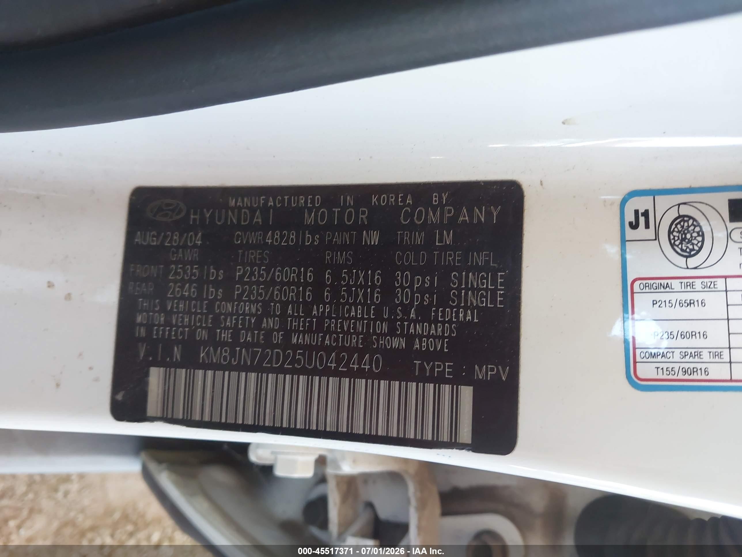 2005 Hyundai Tucson Gls/lx White vin: KM8JN72D25U042440