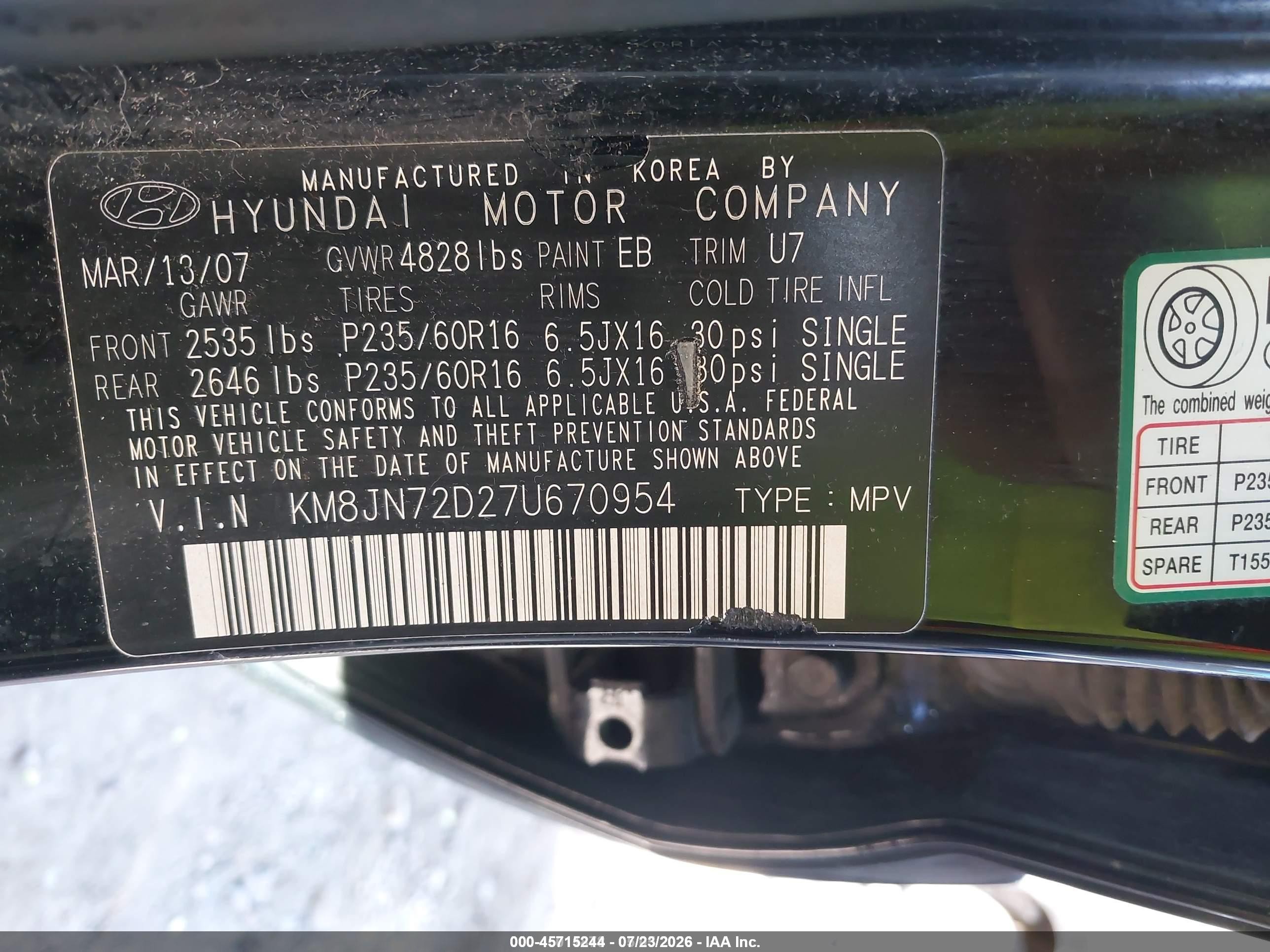 2007 Hyundai Tucson Limited/se Black vin: KM8JN72D27U670954