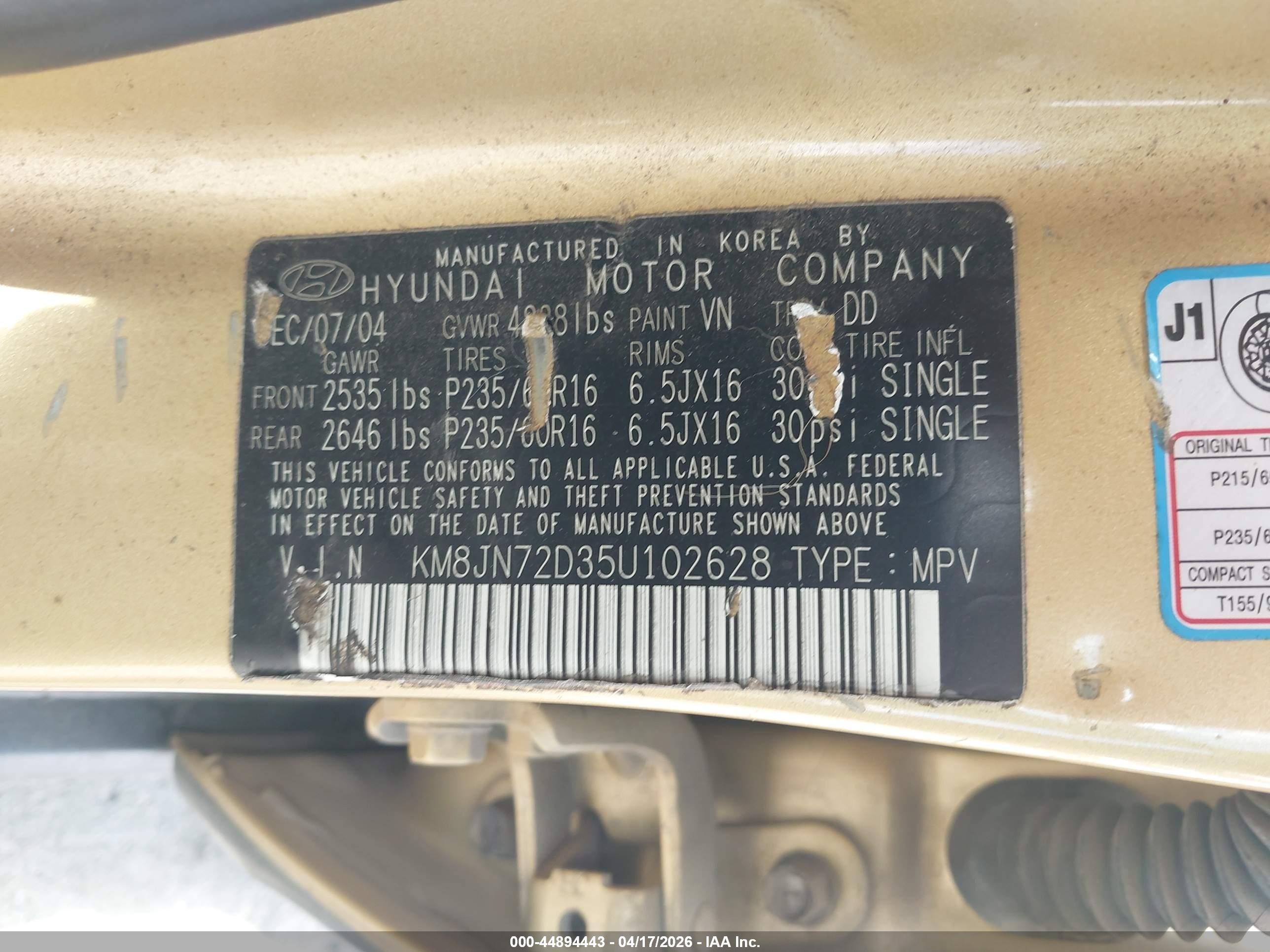 2005 Hyundai Tucson Gls/lx Gold vin: KM8JN72D35U102628