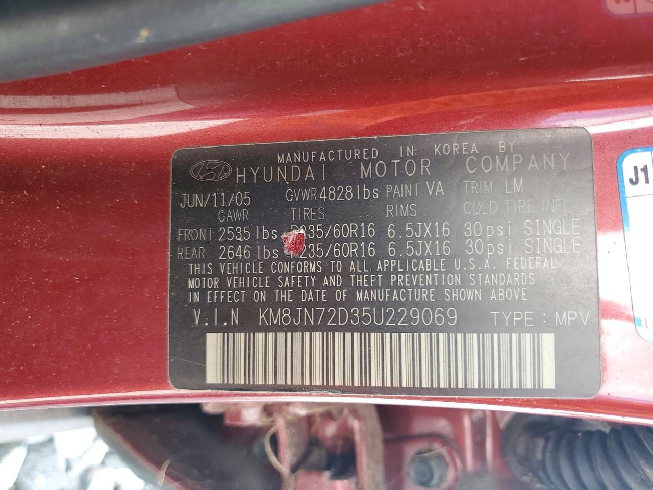 2005 Hyundai Tucson Gls Burgundy vin: KM8JN72D35U229069