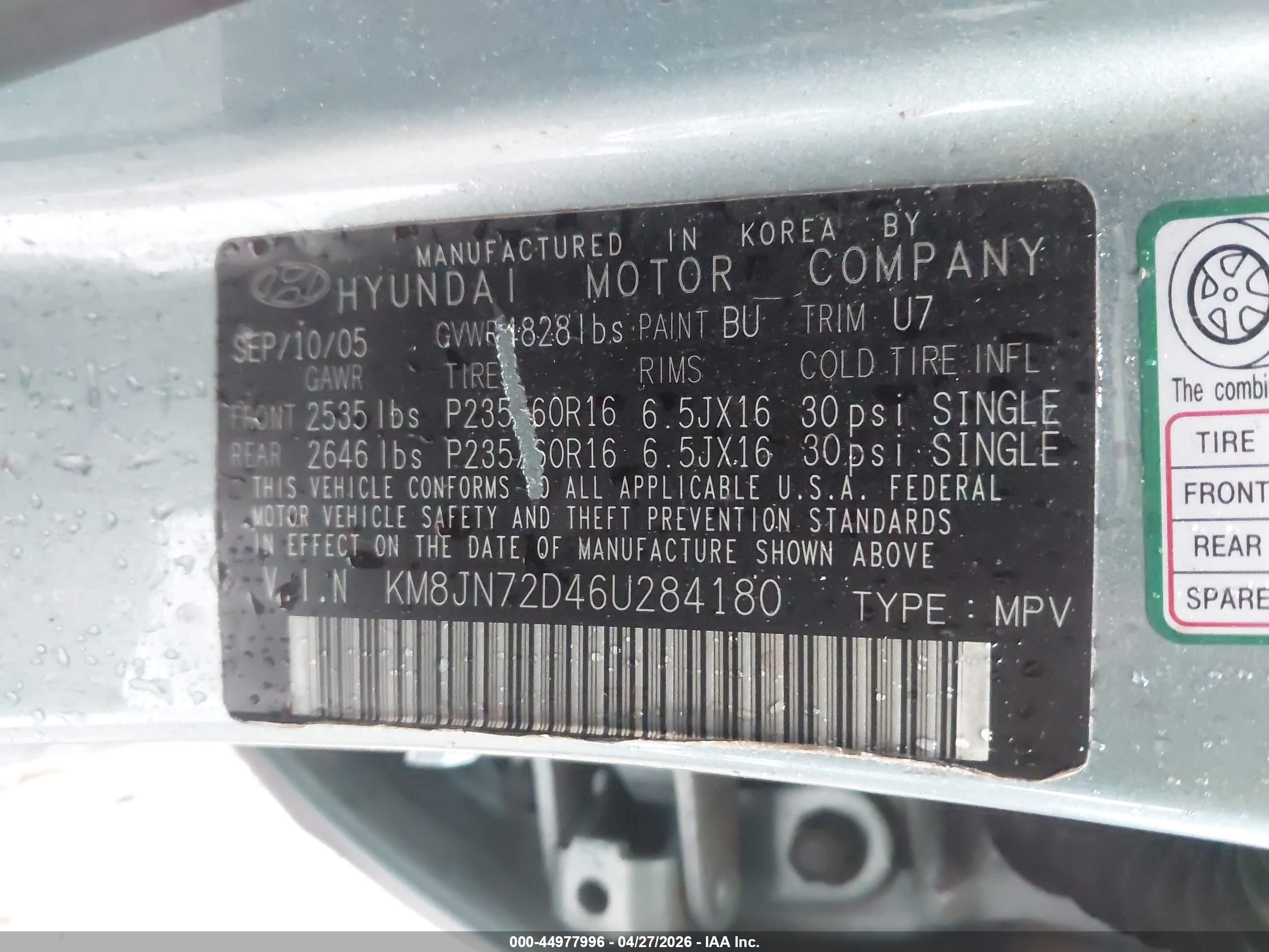 2006 Hyundai Tucson Gls/limited Light Blue vin: KM8JN72D46U284180