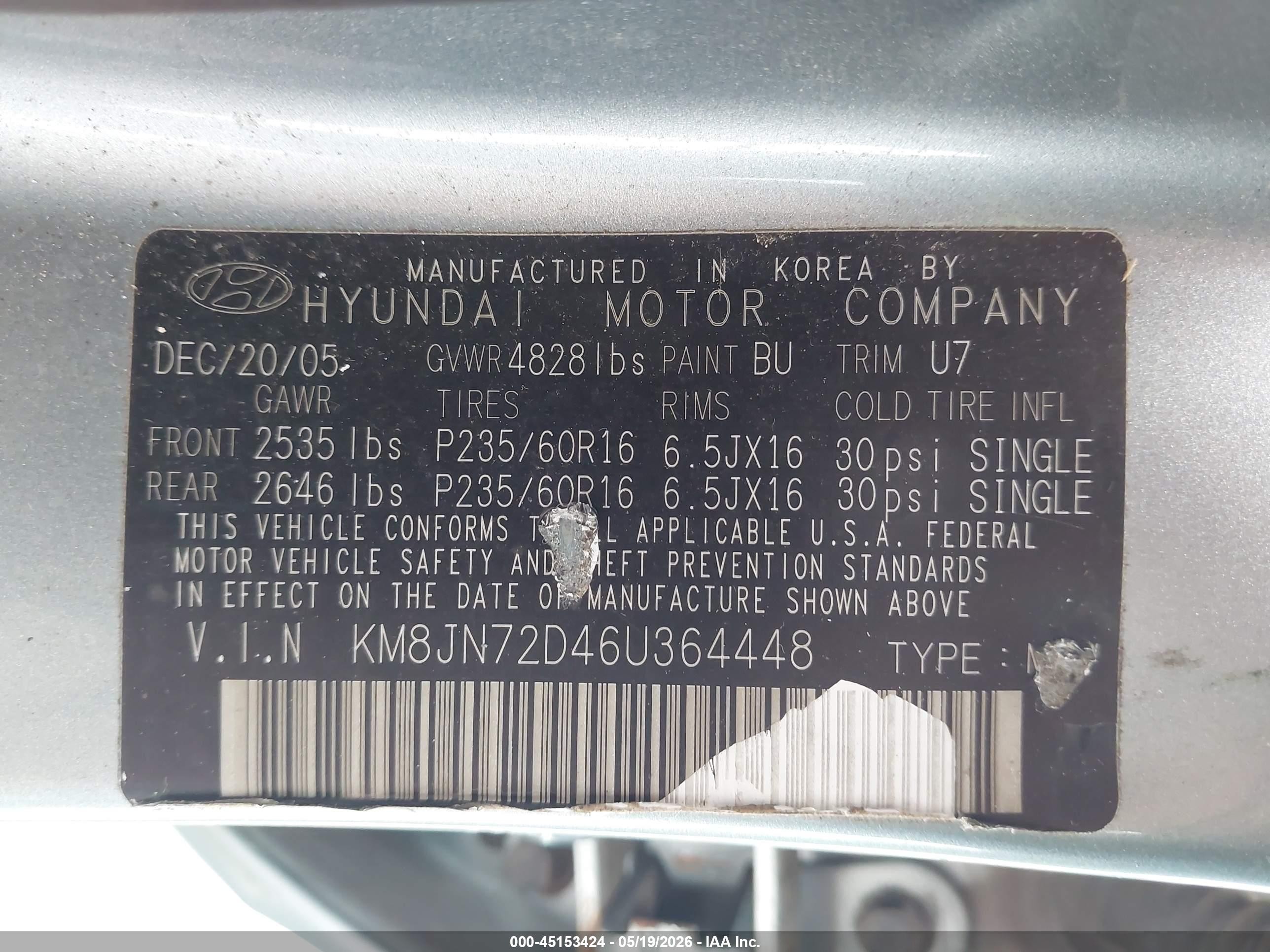 2006 Hyundai Tucson Gls/limited Blue vin: KM8JN72D46U364448