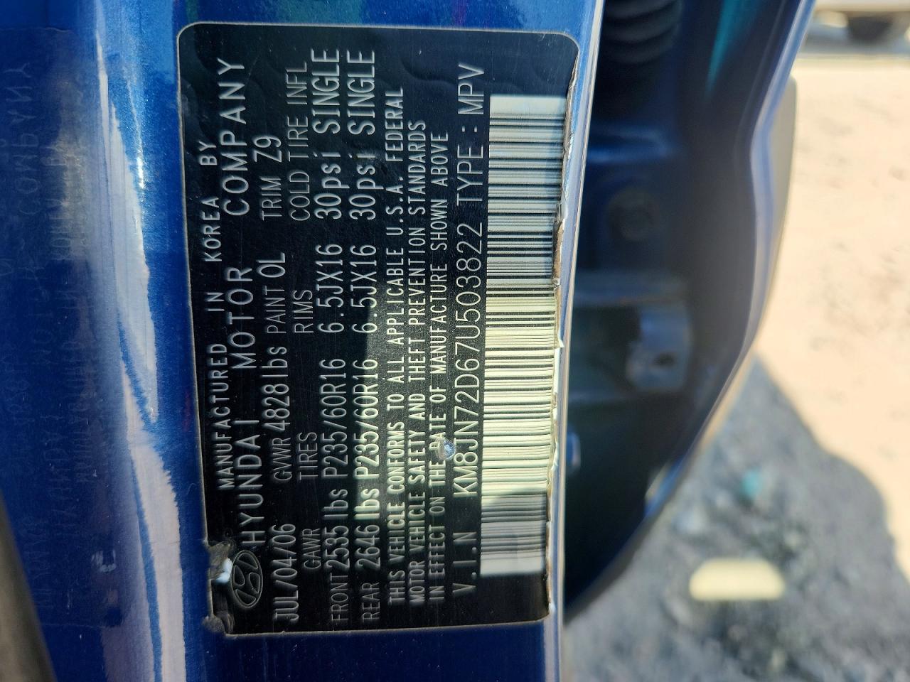 2007 Hyundai Tucson Se Синий vin: KM8JN72D67U503822