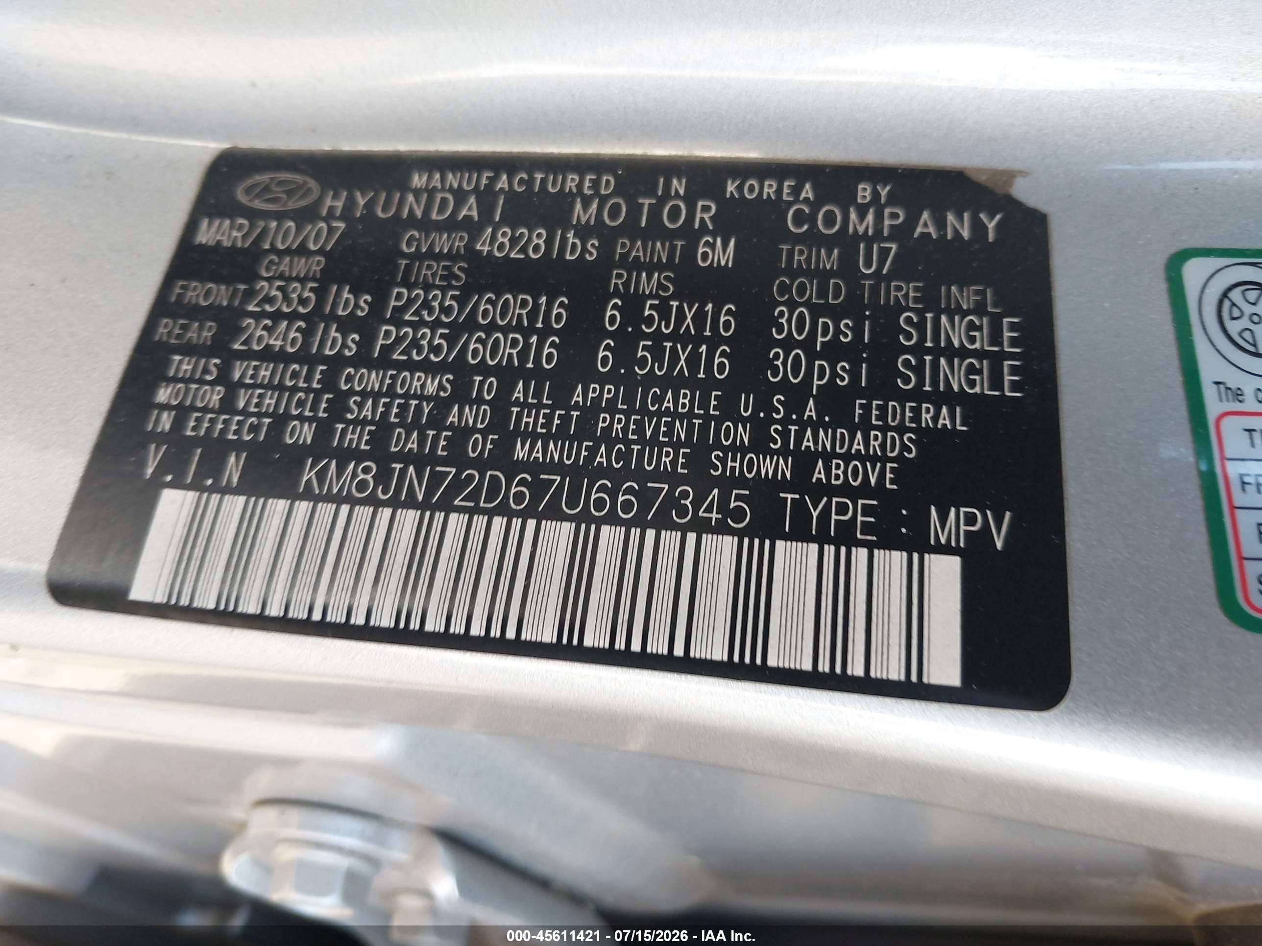 2007 Hyundai Tucson Limited/se Silver vin: KM8JN72D67U667345