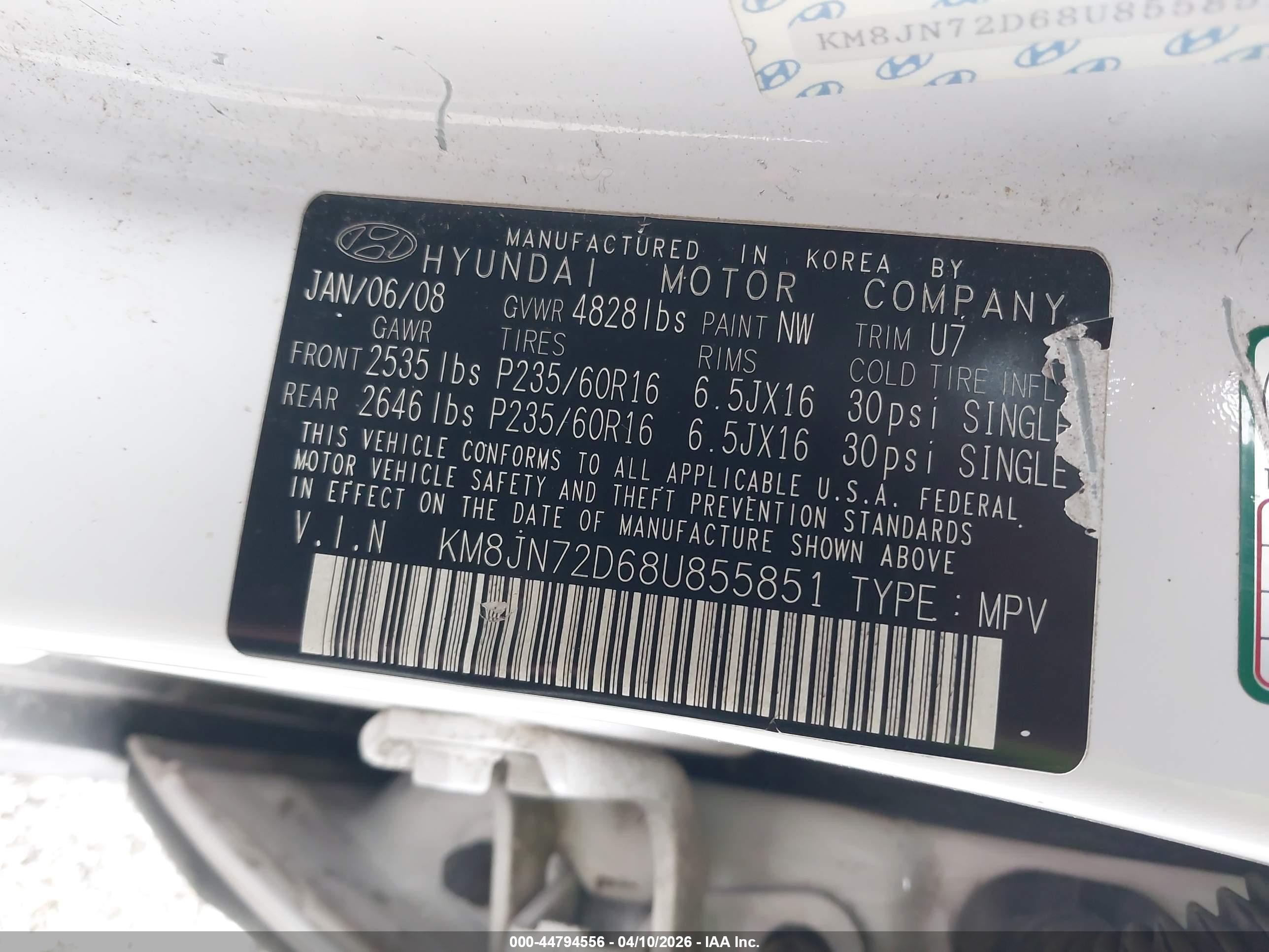 2008 Hyundai Tucson Limited V6/se White vin: KM8JN72D68U855851