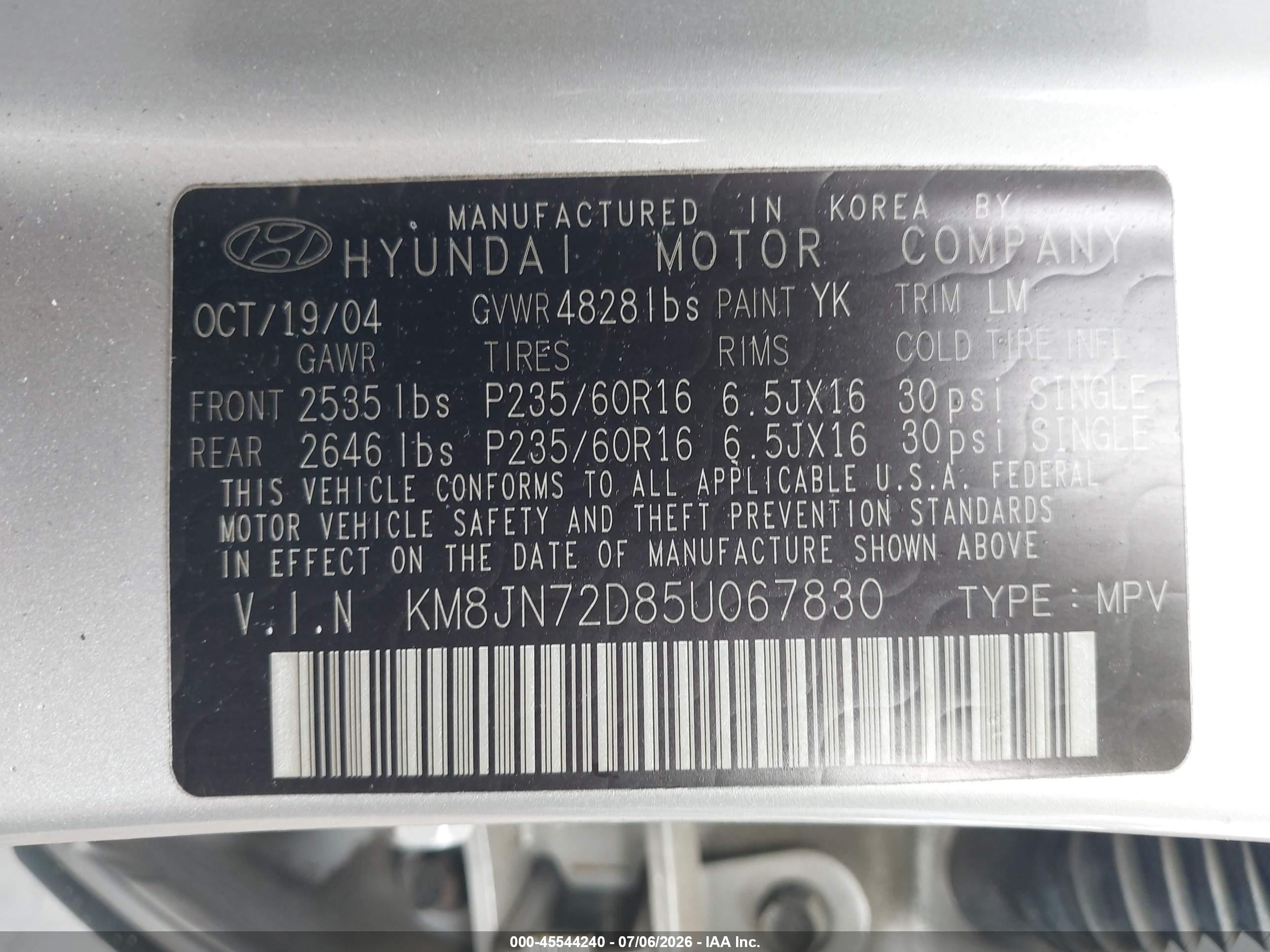 2005 Hyundai Tucson Gls/lx Silver vin: KM8JN72D85U067830