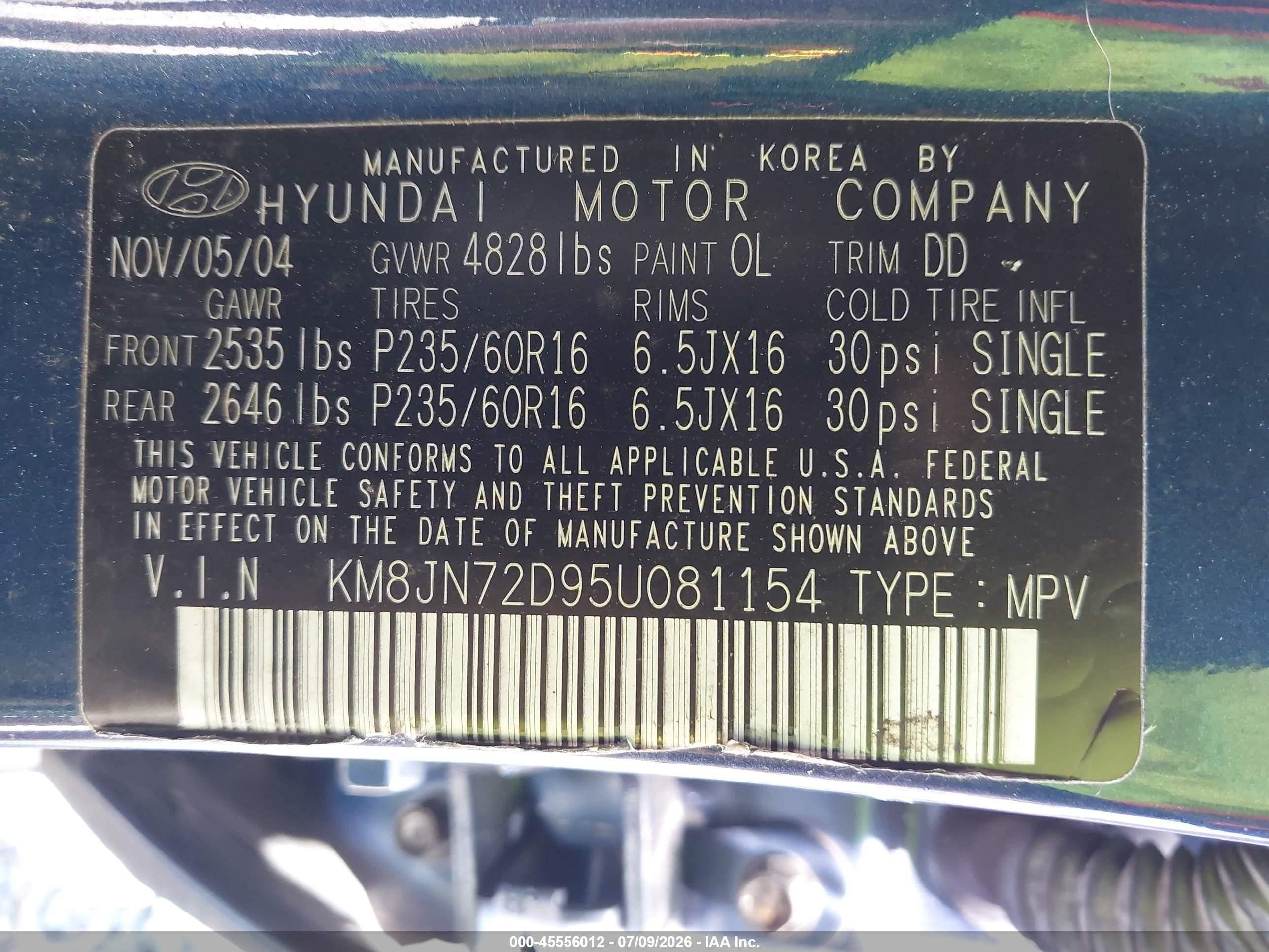 2005 Hyundai Tucson Gls/lx Blue vin: KM8JN72D95U081154