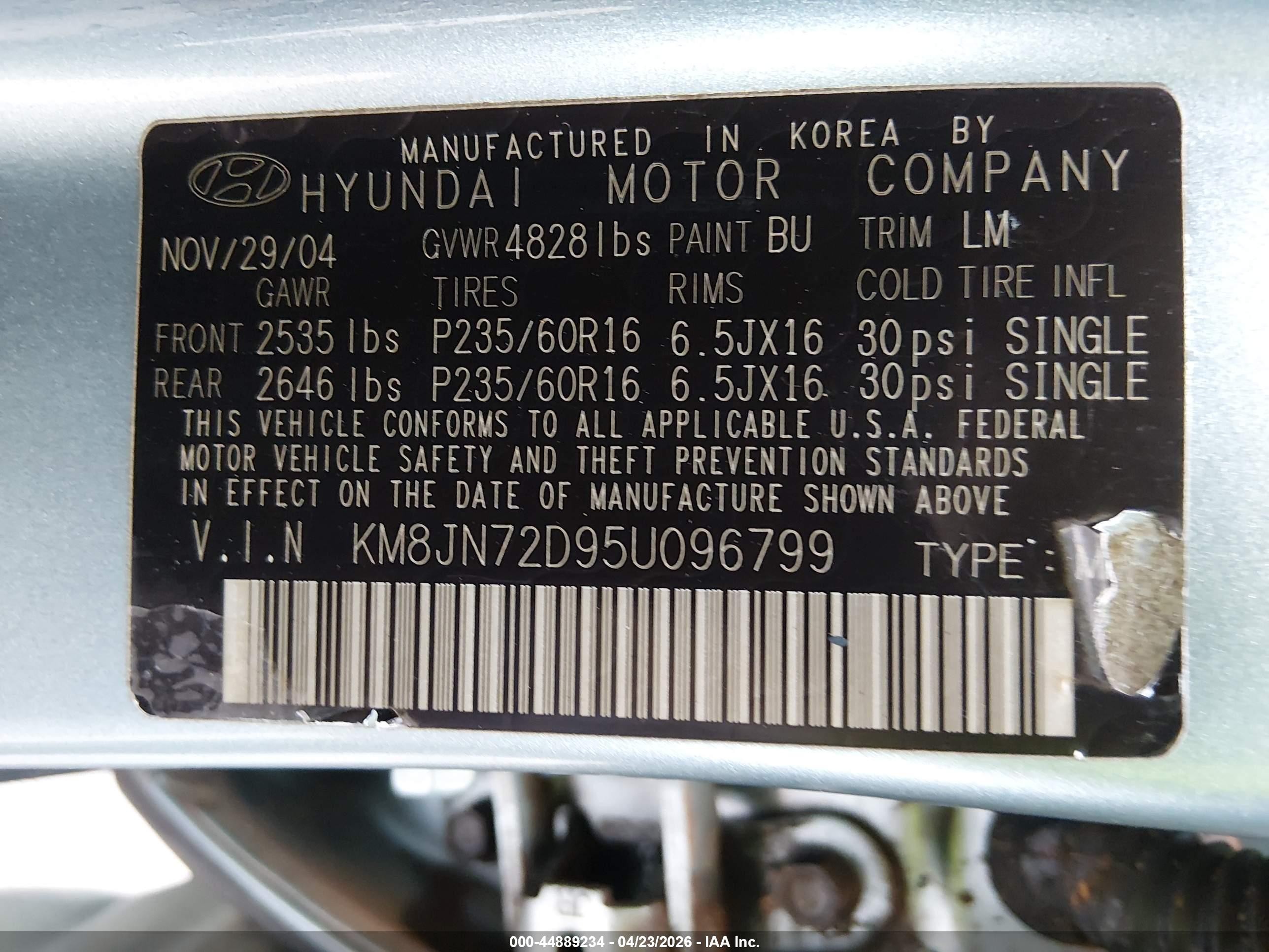 2005 Hyundai Tucson Gls/lx Blue vin: KM8JN72D95U096799