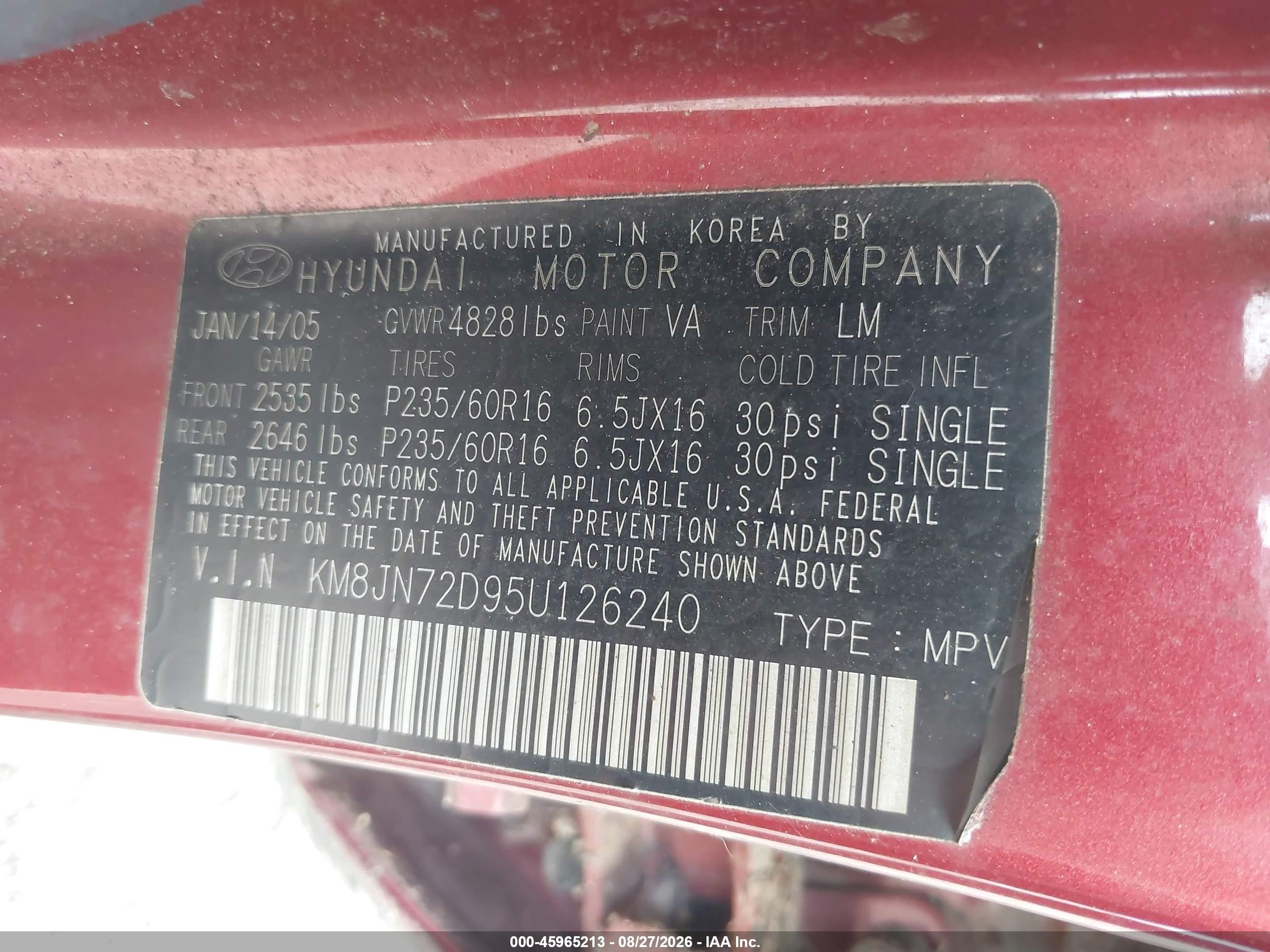 2005 Hyundai Tucson Gls/lx Red vin: KM8JN72D95U126240