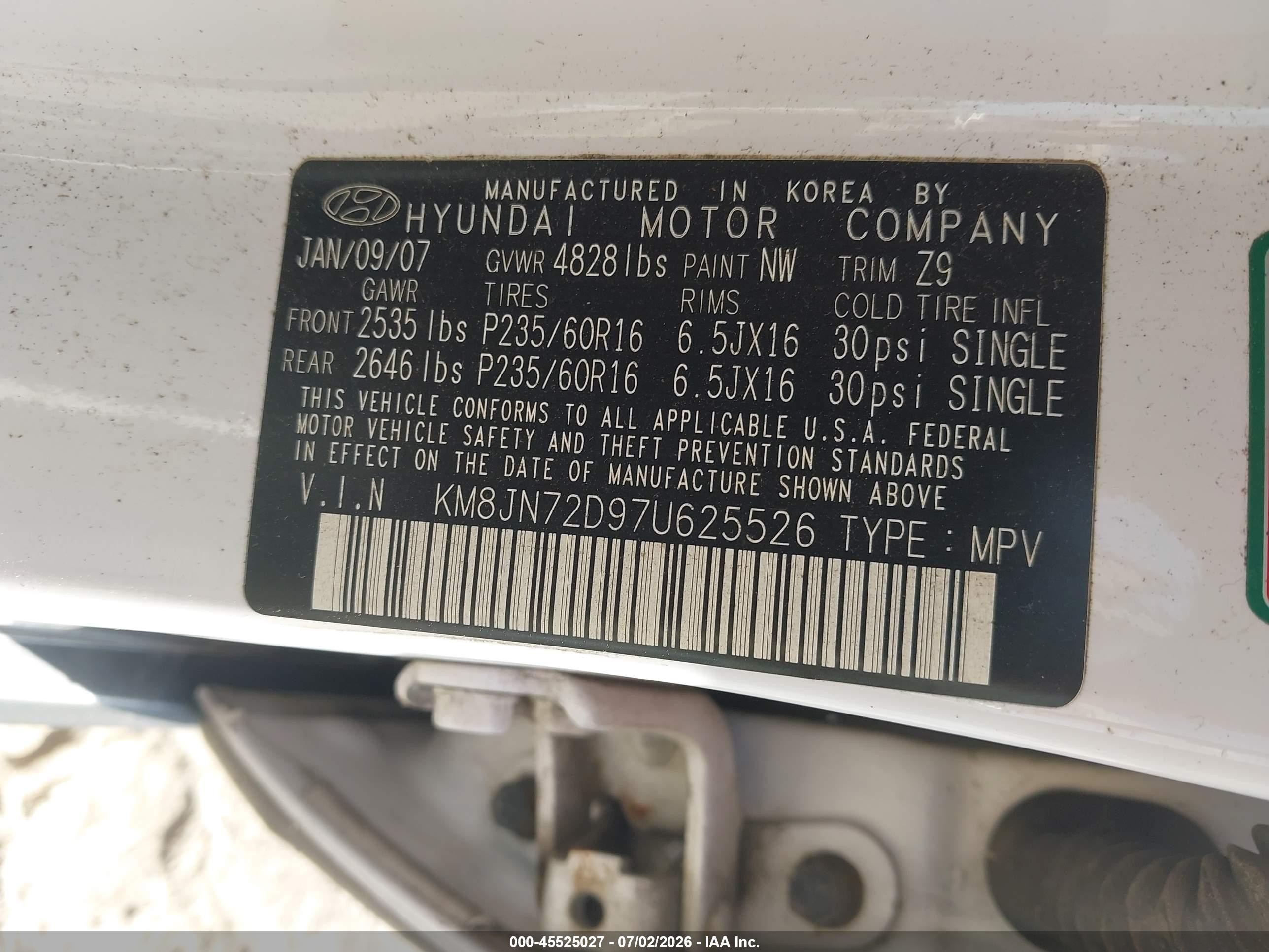 2007 Hyundai Tucson Limited/se Белый vin: KM8JN72D97U625526
