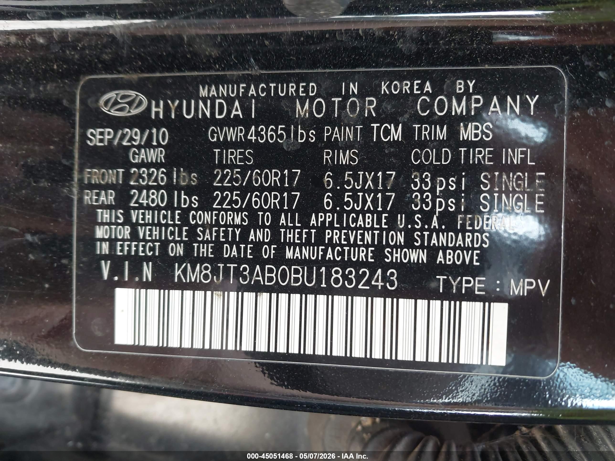 2011 Hyundai Tucson Gl Black vin: KM8JT3AB0BU183243