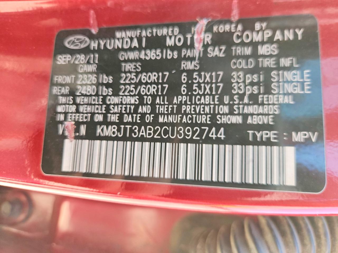 2012 Hyundai Tucson Gl Red vin: KM8JT3AB2CU392744