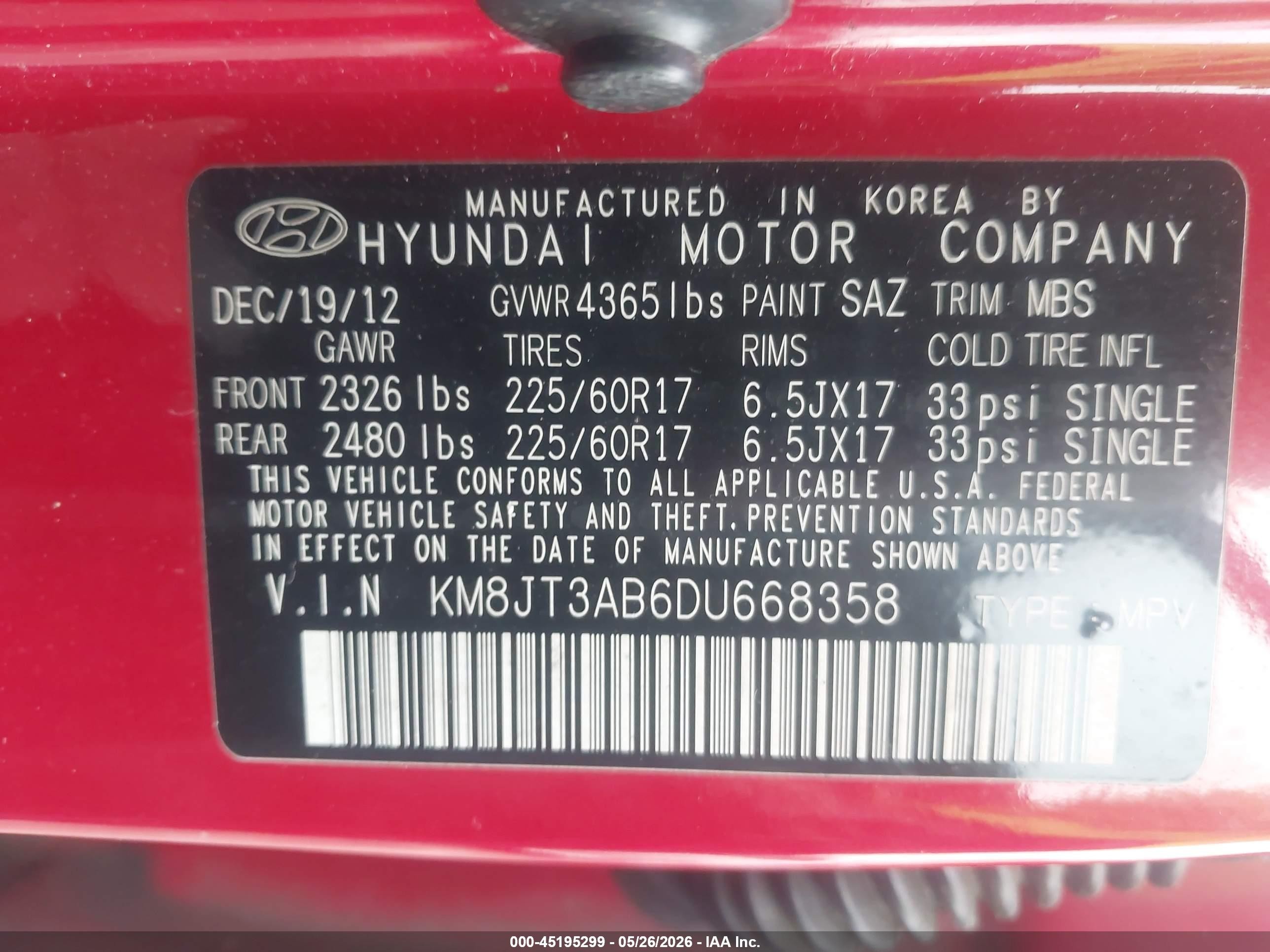 2013 Hyundai Tucson Gl Red vin: KM8JT3AB6DU668358