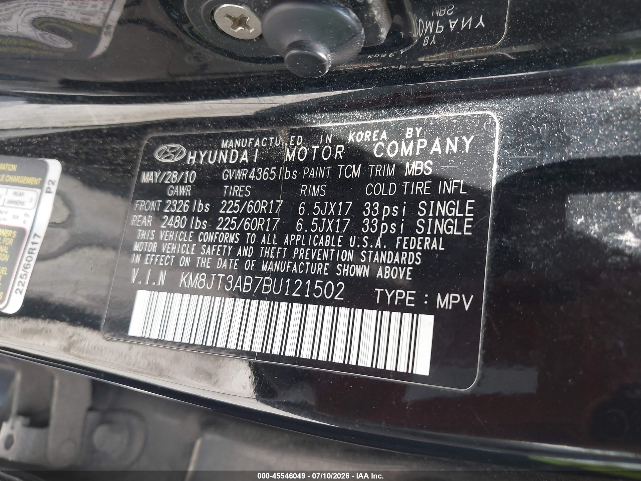 2011 Hyundai Tucson Gl Black vin: KM8JT3AB7BU121502