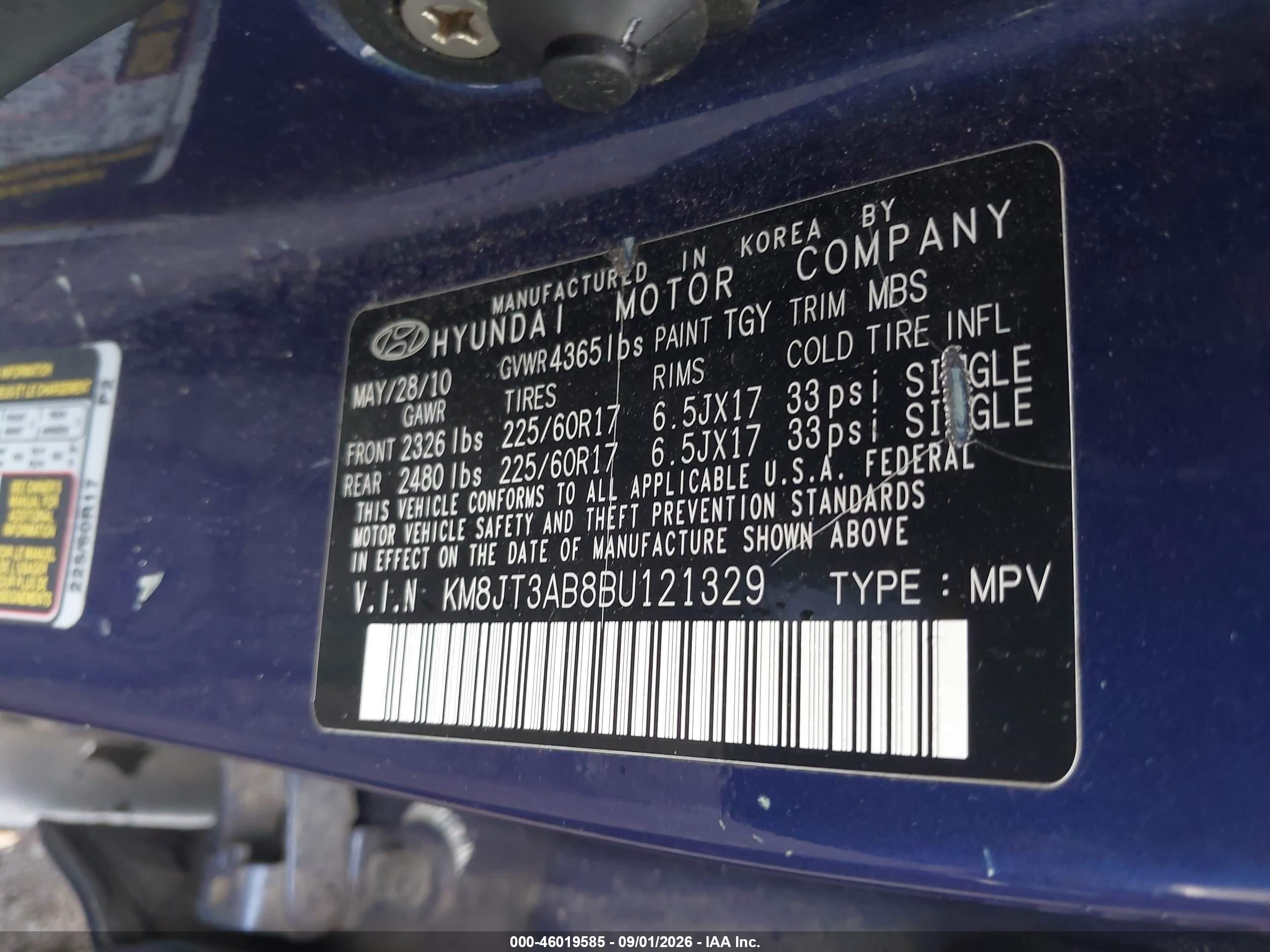 2011 Hyundai Tucson Gl Синий vin: KM8JT3AB8BU121329