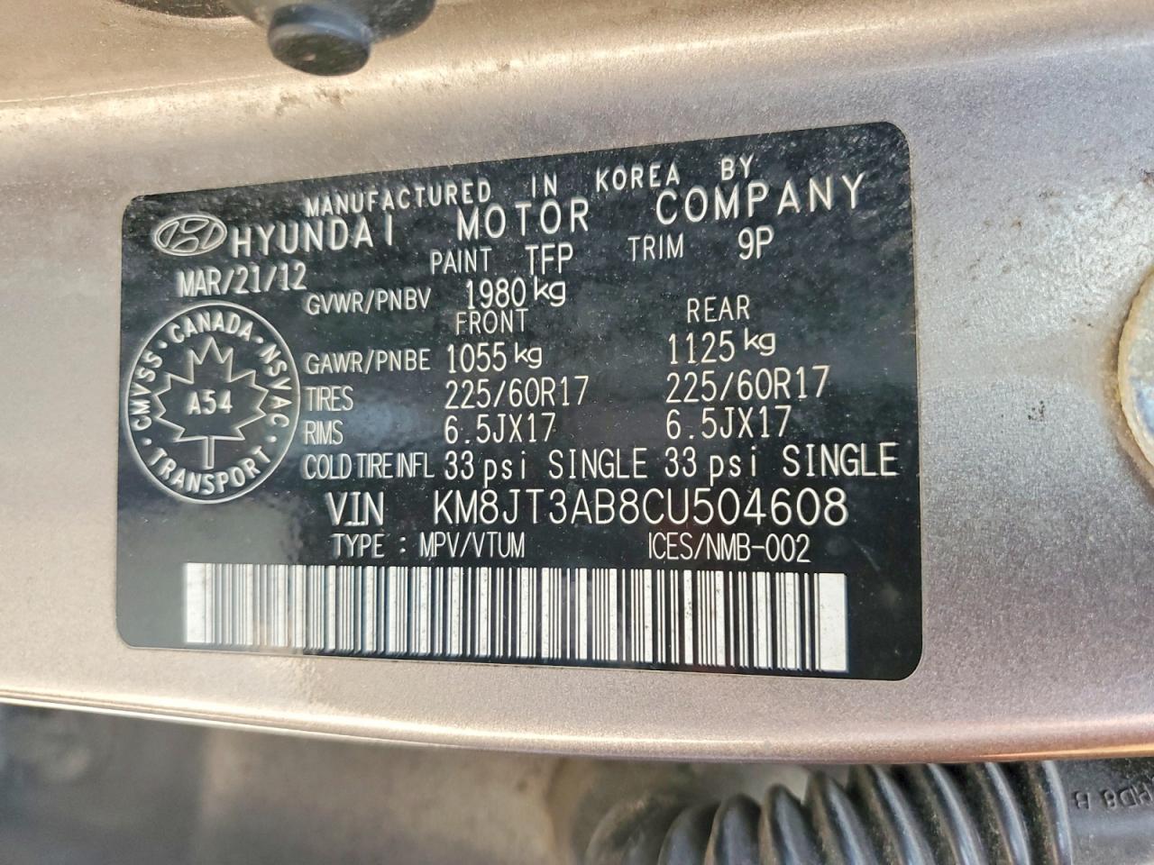 2012 Hyundai Tucson Gl Gray vin: KM8JT3AB8CU504608