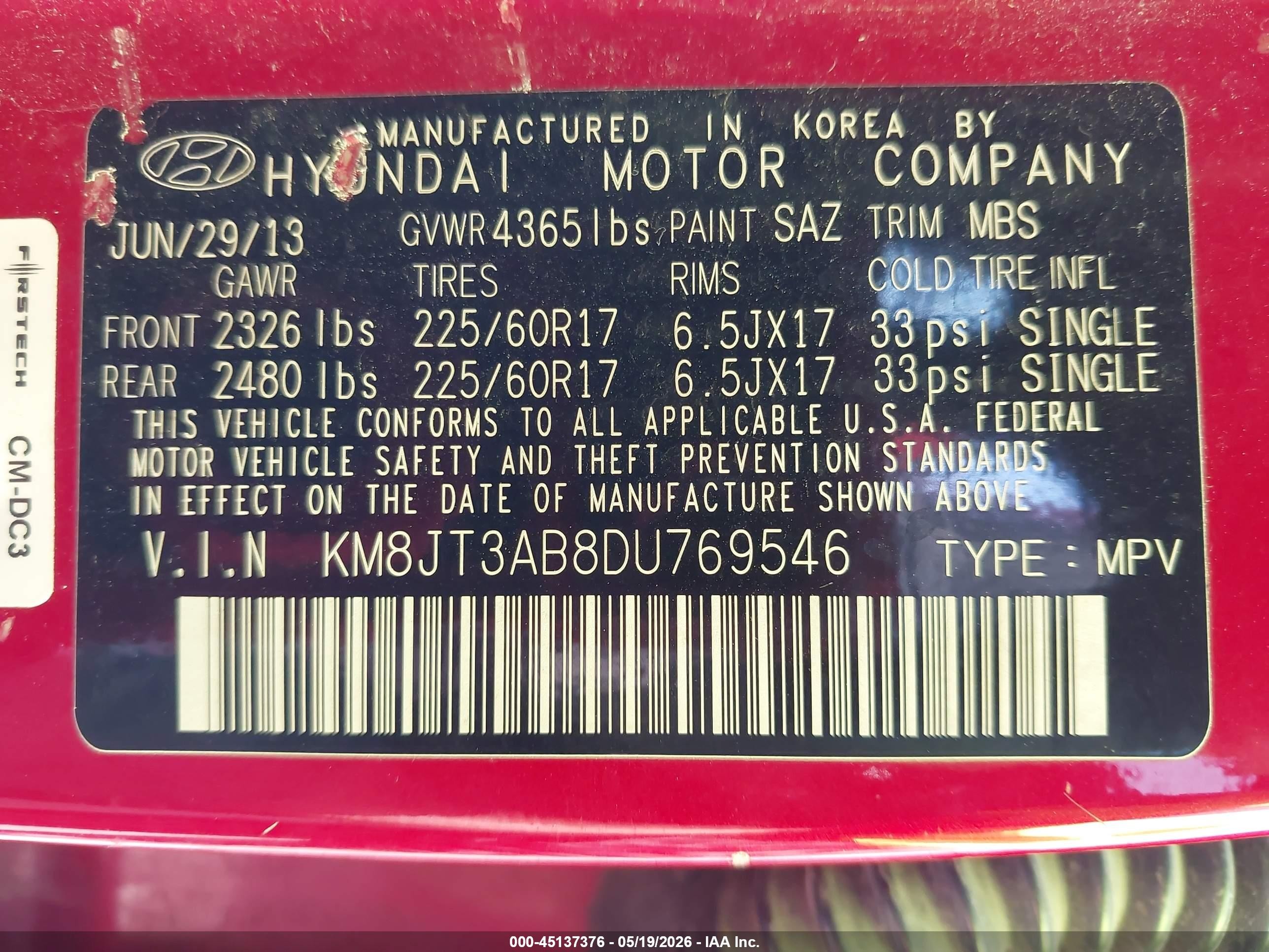 2013 Hyundai Tucson Gl Red vin: KM8JT3AB8DU769546