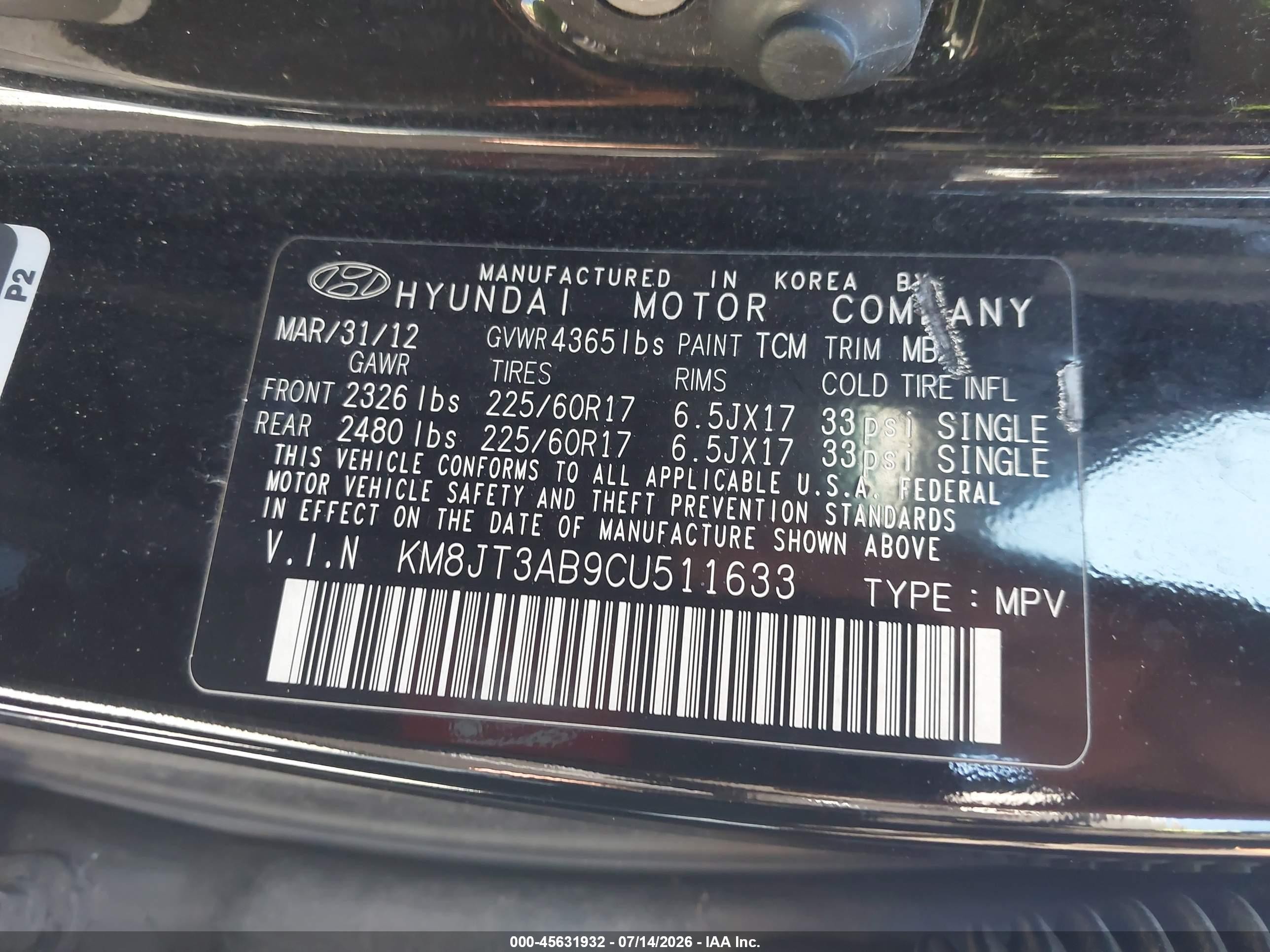 2012 Hyundai Tucson Gl Black vin: KM8JT3AB9CU511633