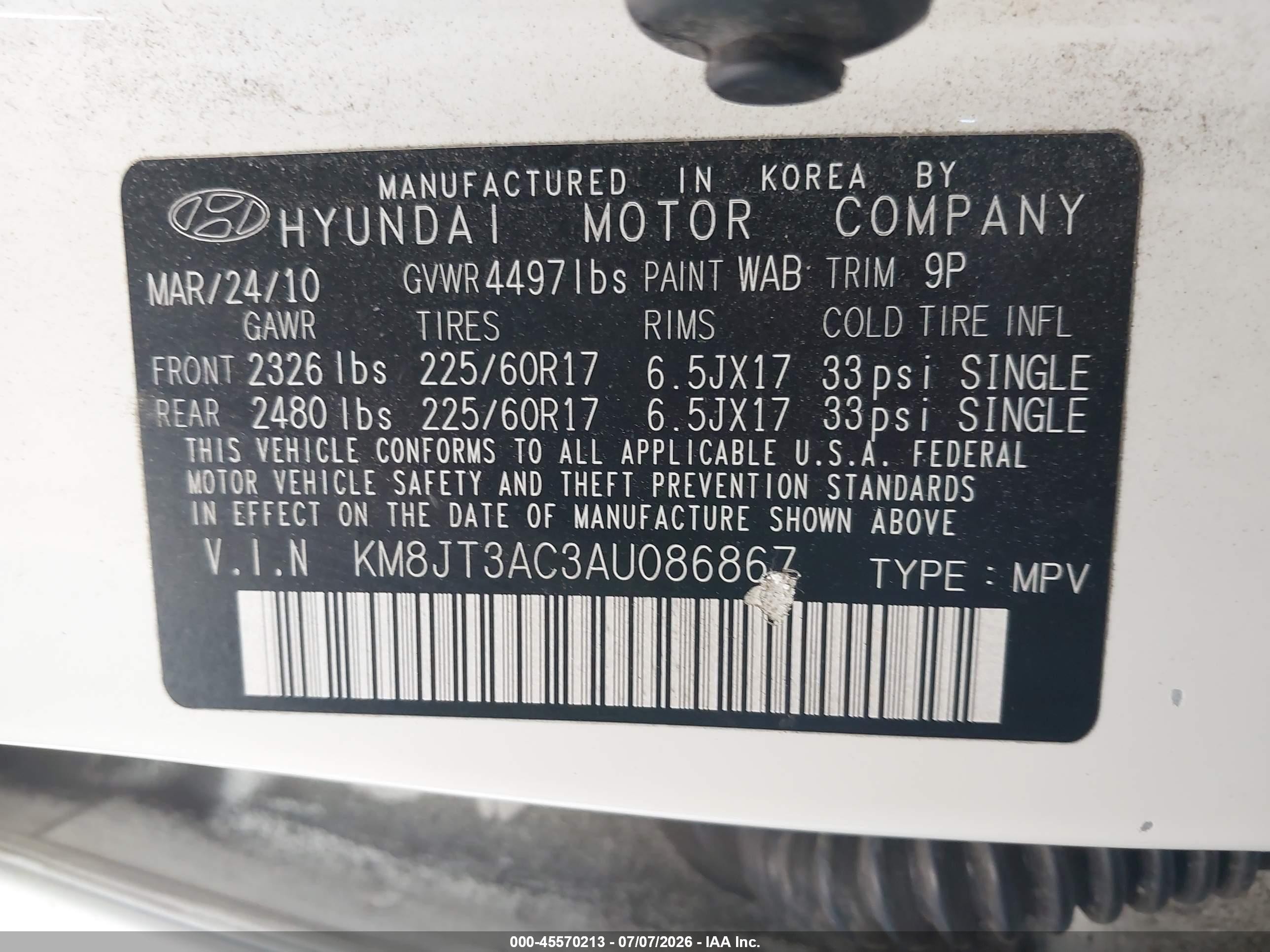 2010 Hyundai Tucson Gls White vin: KM8JT3AC3AU086867