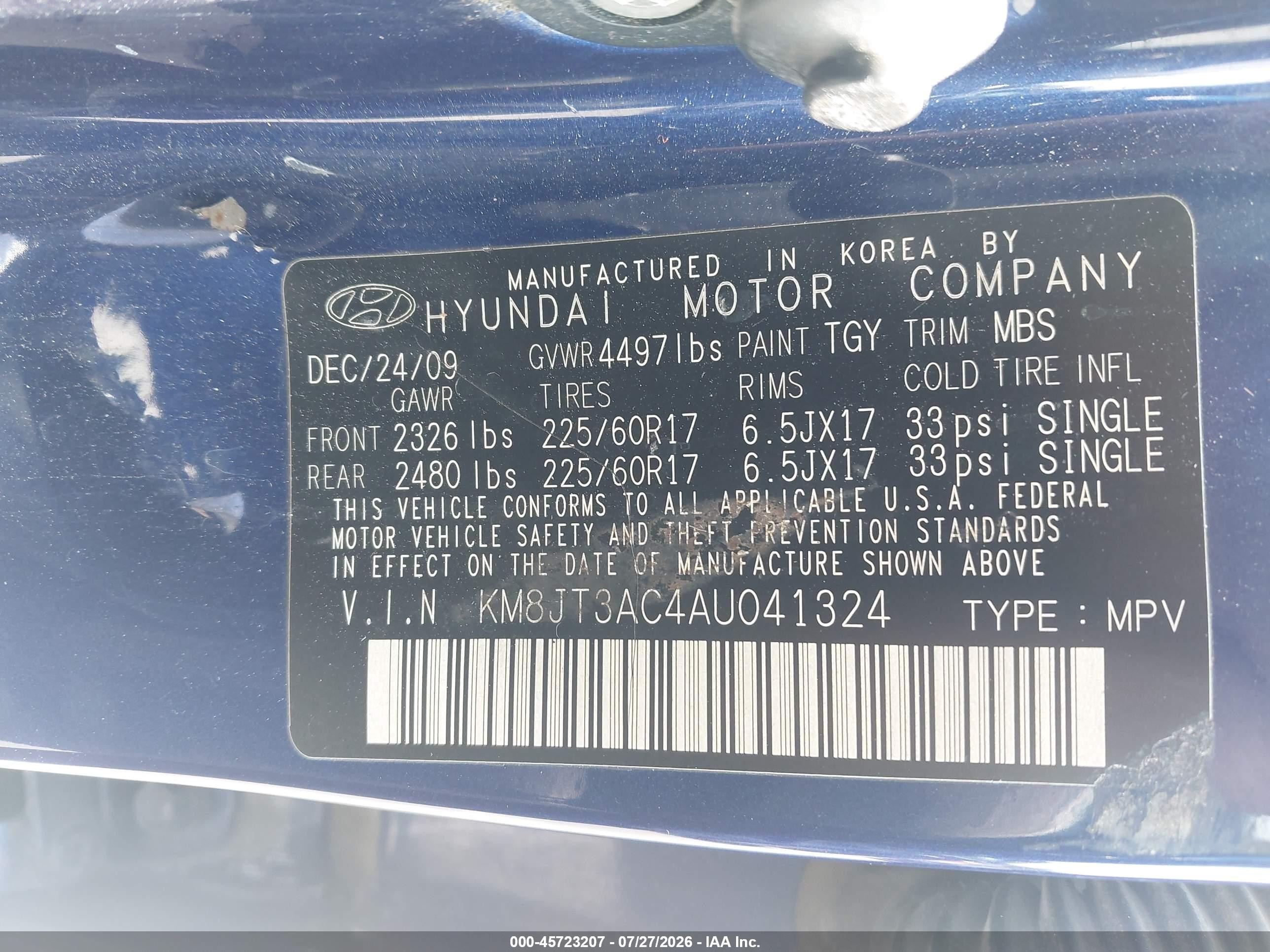 2010 Hyundai Tucson Gls Blue vin: KM8JT3AC4AU041324