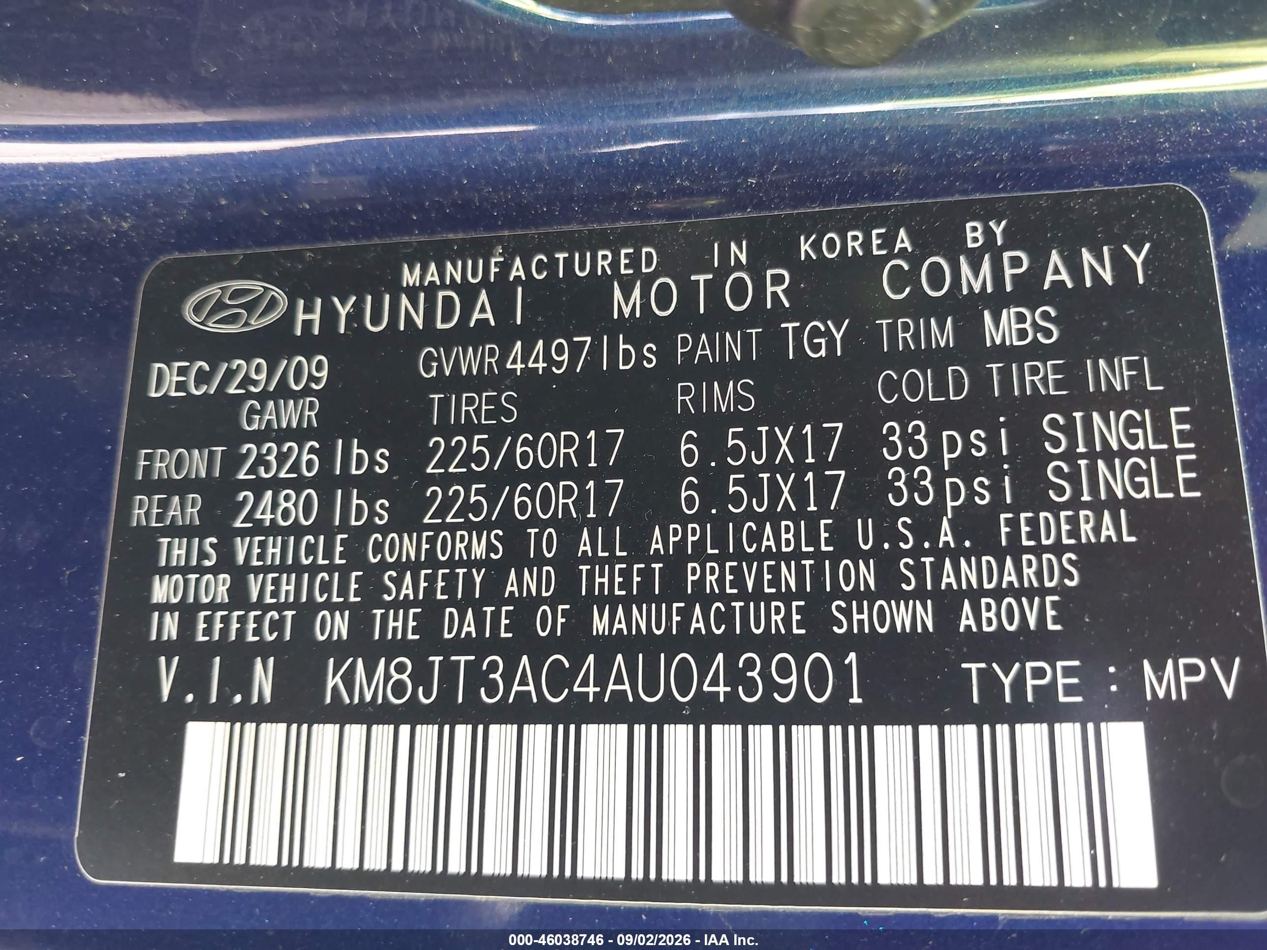 2010 Hyundai Tucson Gls Blue vin: KM8JT3AC4AU043901