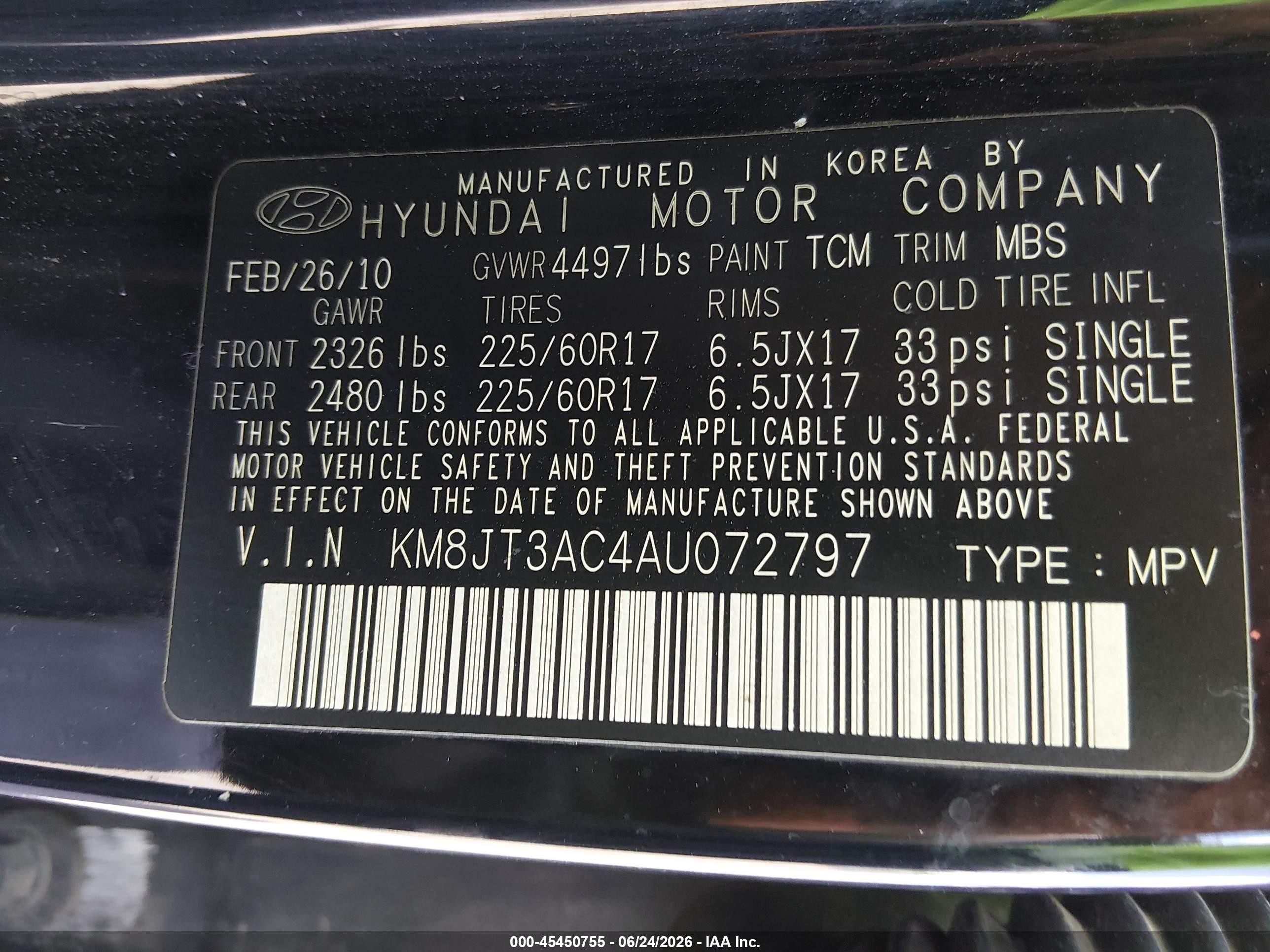 2010 Hyundai Tucson Gls Black vin: KM8JT3AC4AU072797
