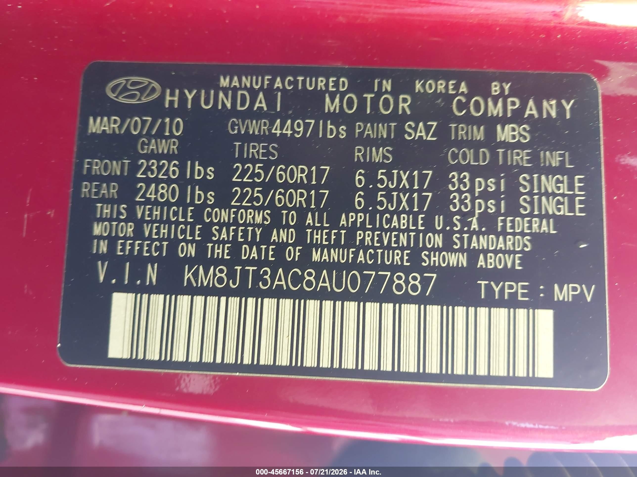 2010 Hyundai Tucson Gls Red vin: KM8JT3AC8AU077887
