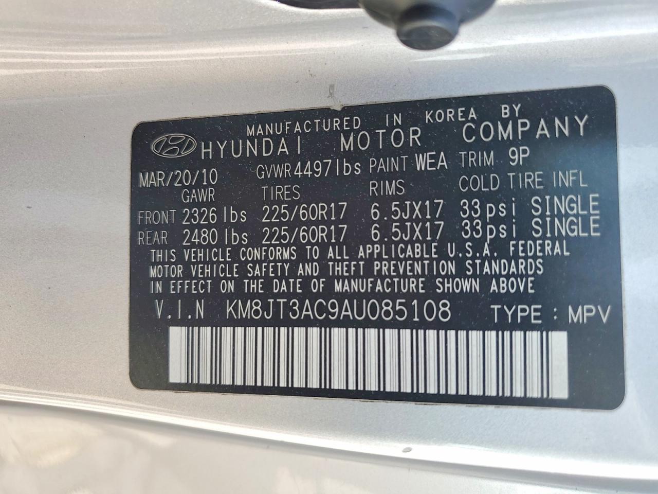 2010 Hyundai Tucson Gls Silver vin: KM8JT3AC9AU085108